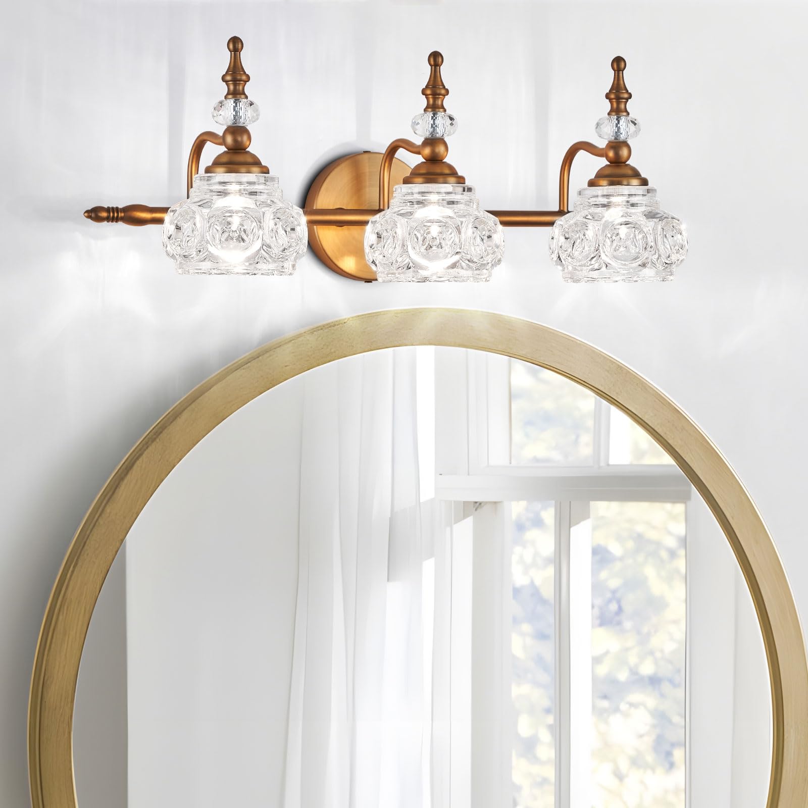 ZILANL Vintage Bathroom Vanity Light Fixture, 3-Light Brass, Crystal Shade, Model WJ-W885-3