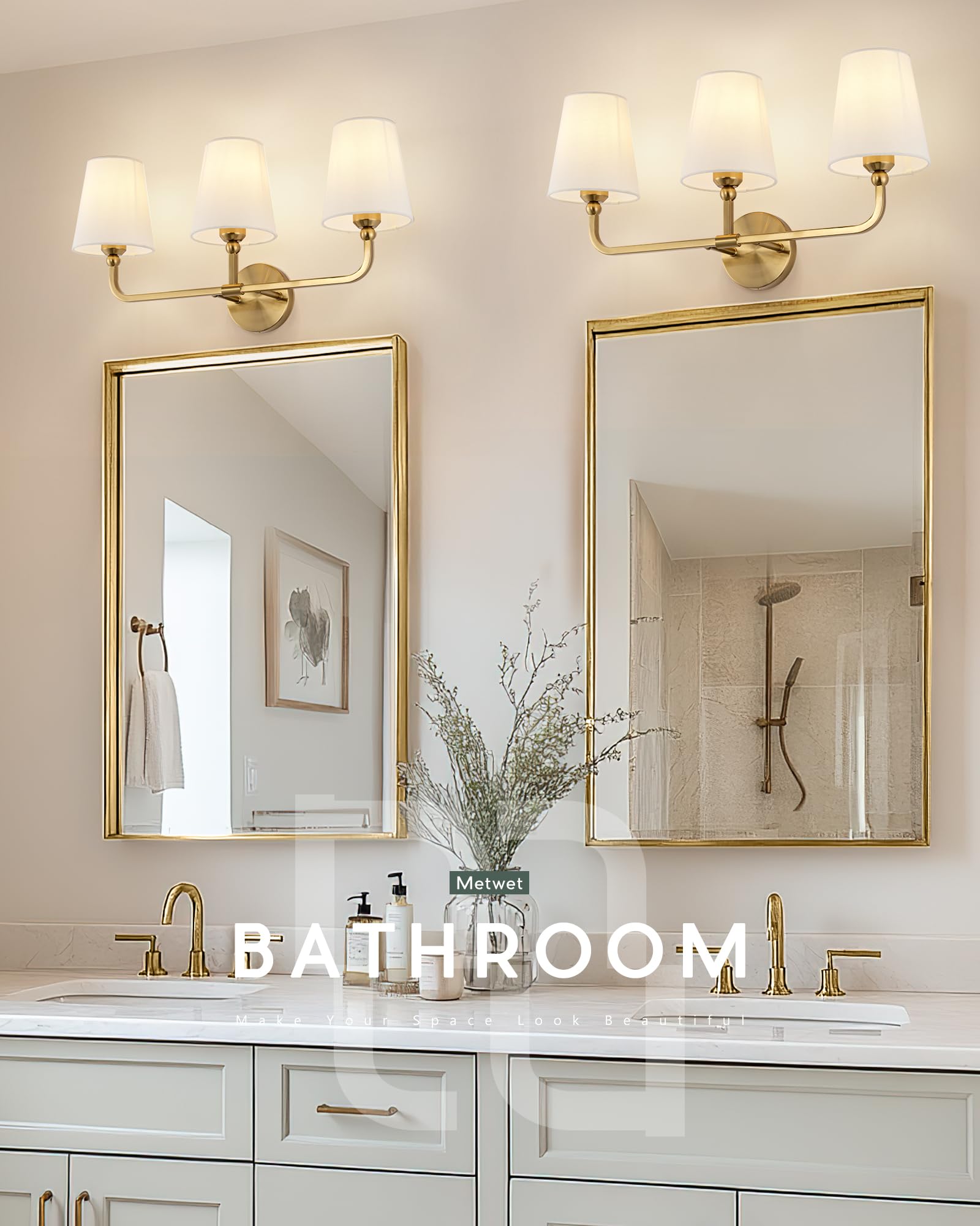 METWET 3-Light Bathroom Light Fixtures, Brushed Gold Vanity Sconces with Beige Fabric Shade, Model VL837-BG-B-3