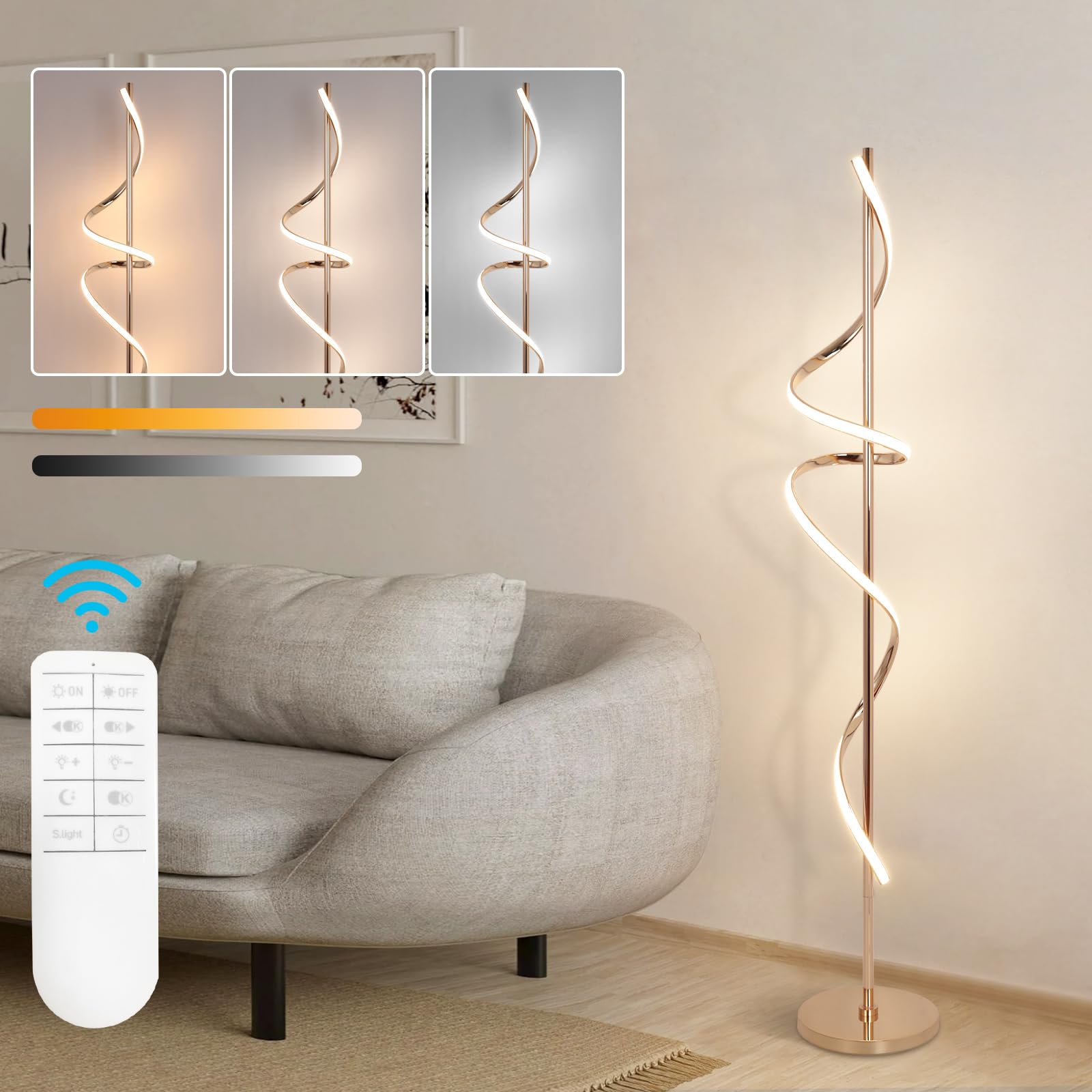 EIDISUNY LED Floor Lamp, 60in Spiral, Dimmable, 3 Color Temperatures, Remote Control, Model FL-YLC002GD, Gold