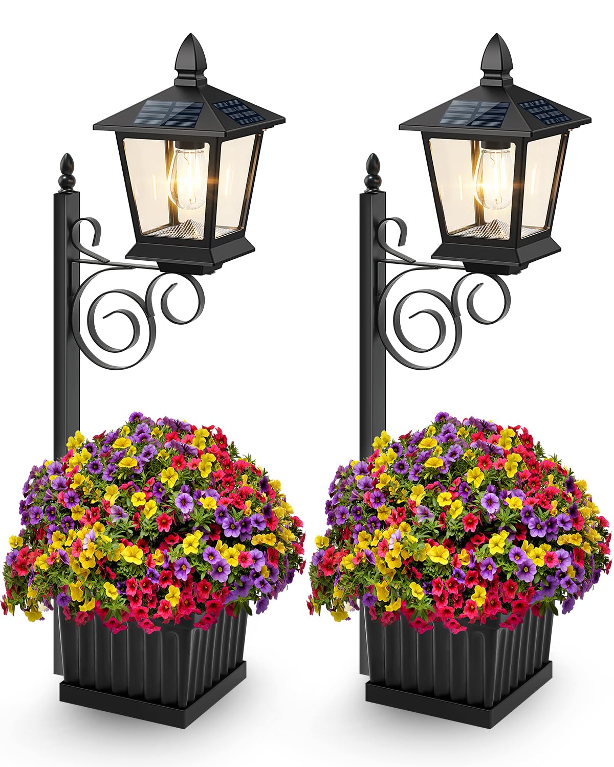 2-Pack Outdoor Flower Pots 2 In 1, Solar Lamp Post With Planter For Garden Decor, Wall Mount/Standing Planter Lights Waterproof,