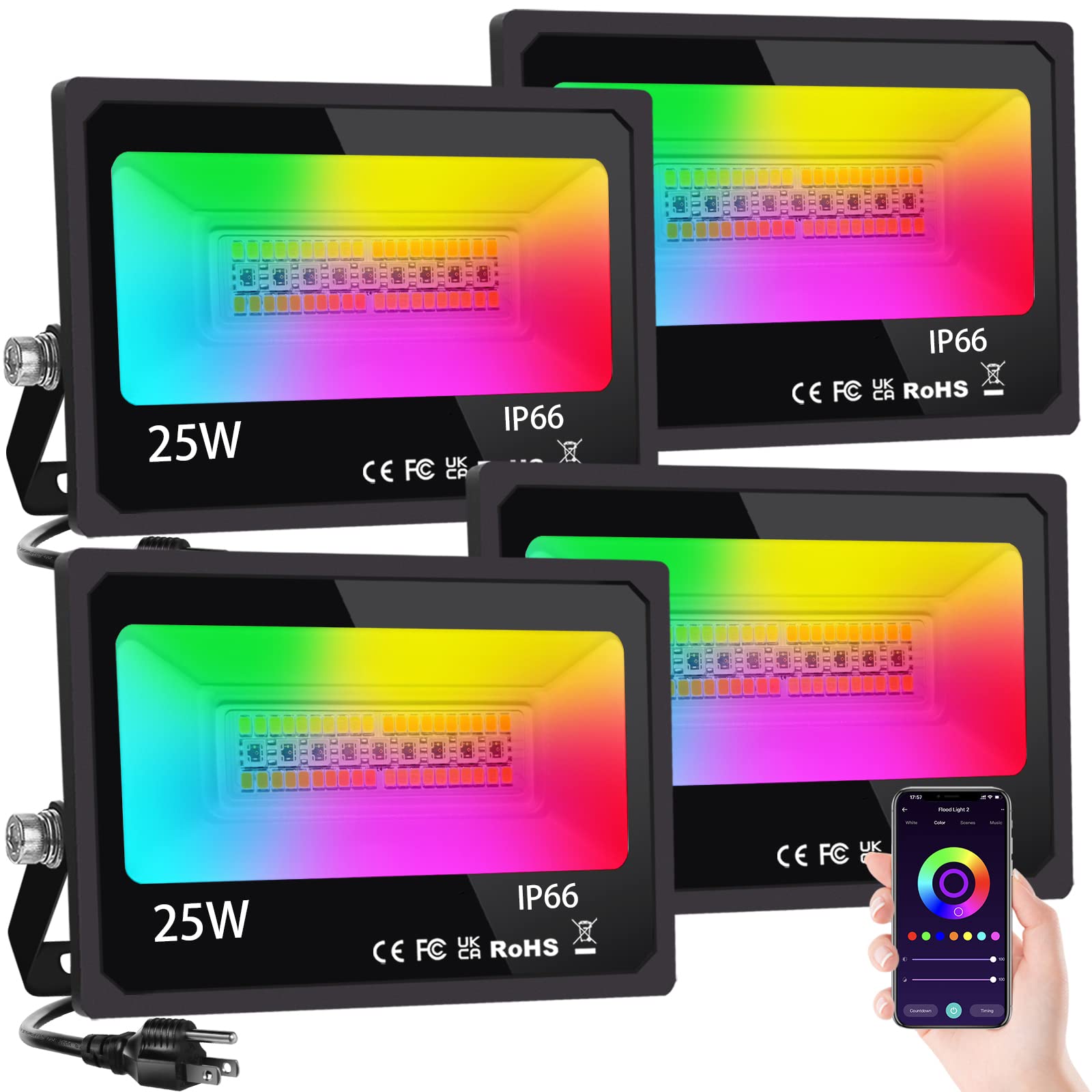 Lolpetik Rgb Led Flood Light 300W Equivalent, Ip66 Waterproof, App Control, 4 Pack Uplights