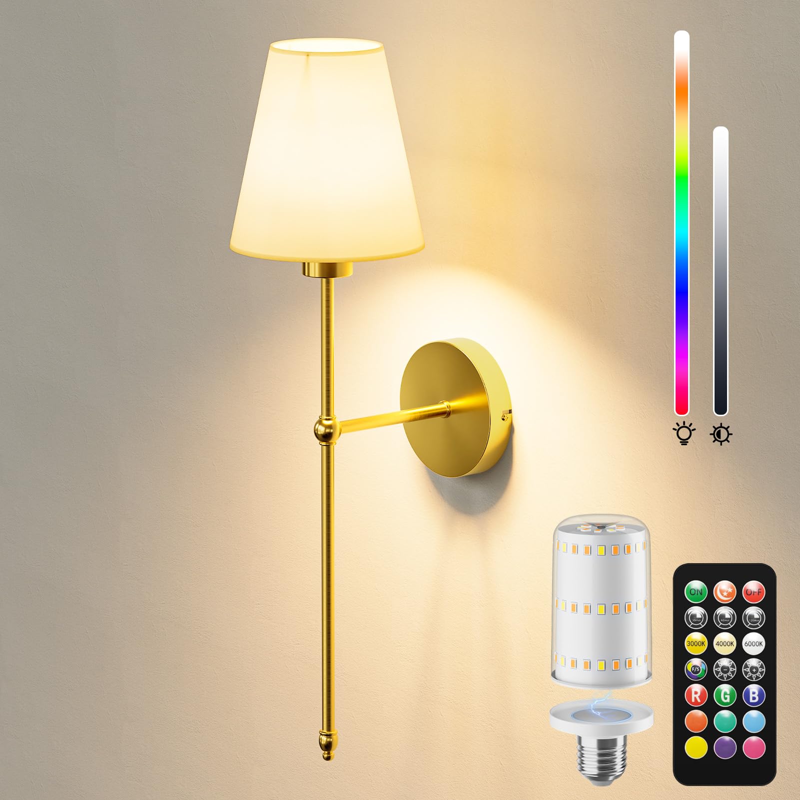 KIBTOY Battery Operated Wall Sconces, 10000mAh Rechargeable, 9 RGB Colors, 4 Light Temperatures, 24 in, Metal, Model 360-C