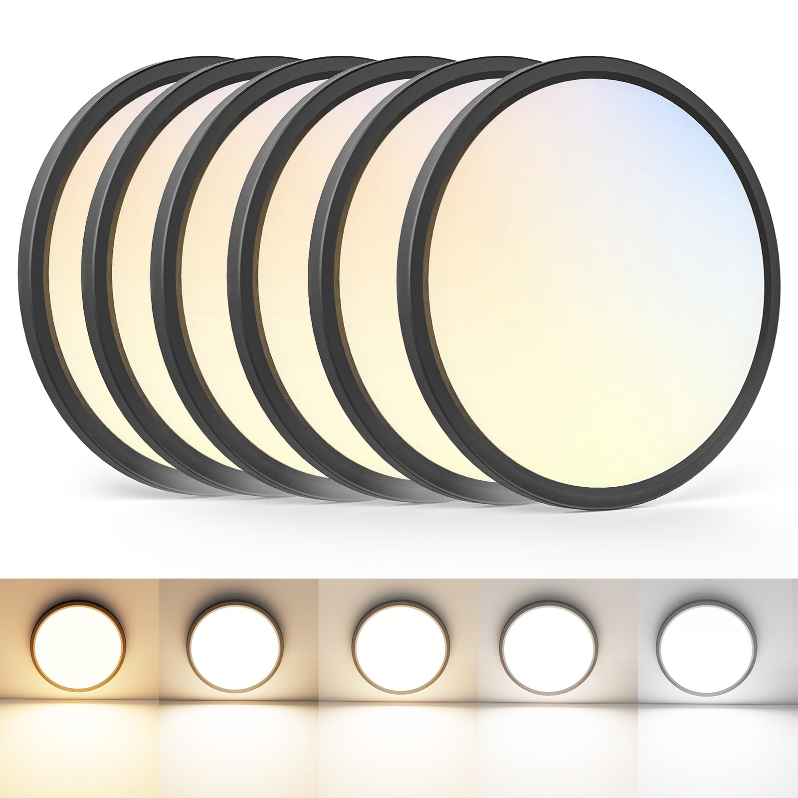 VOLISUN 6Pack 5 CCT LED Flush Mount Ceiling Light,12 inch Dimmable Ultra-Thin LED Ceiling Light Fixture, 3000K-6500K Selectable,