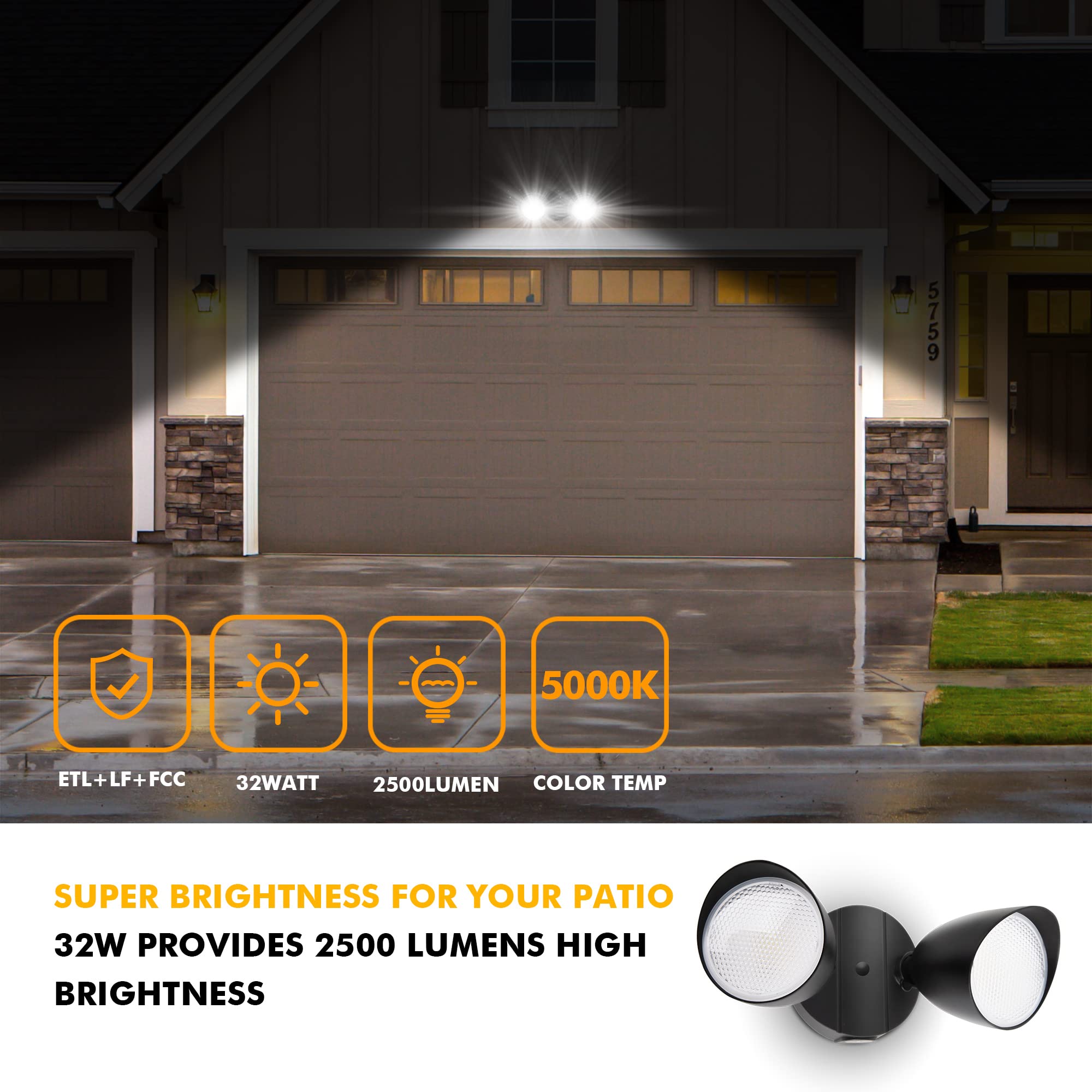 UME Dual-Head LED Floodlight 2500 Lumen 32W Waterproof Security Light Black Model 6222B-2pcs