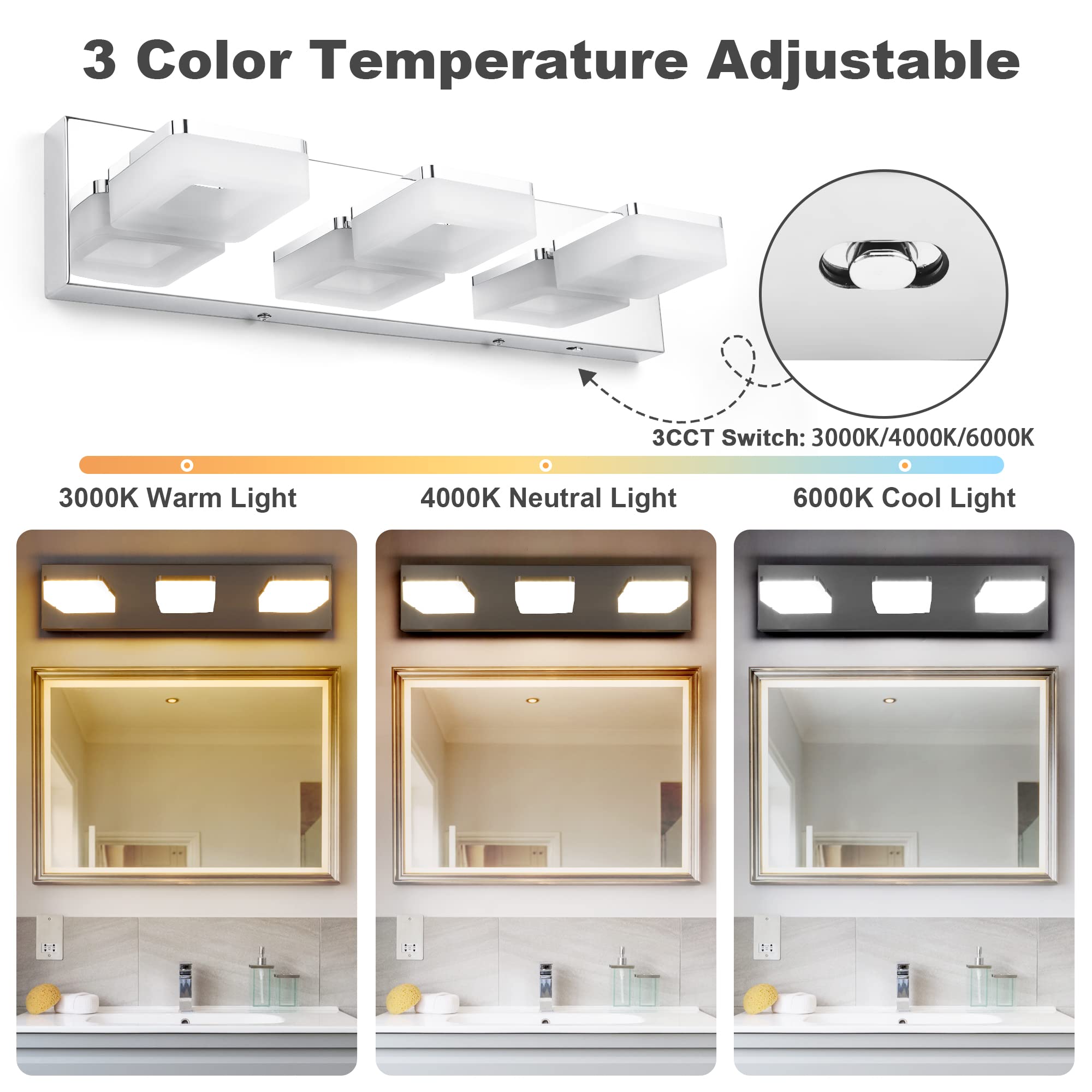 Goodate Chrome Led Bathroom Vanity Lights - Dimmable 3-Light Fixtures, Adjustable 3000K/4000K/6000