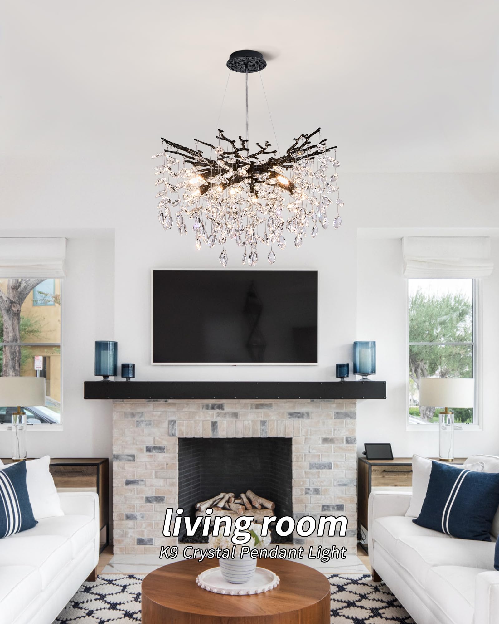 Modern Tree Branch Crystal Chandelier Luxury Blacl Crystal Pendant Lighting 23.6'' Contemporary 8-Light Chandeliers For Dining R