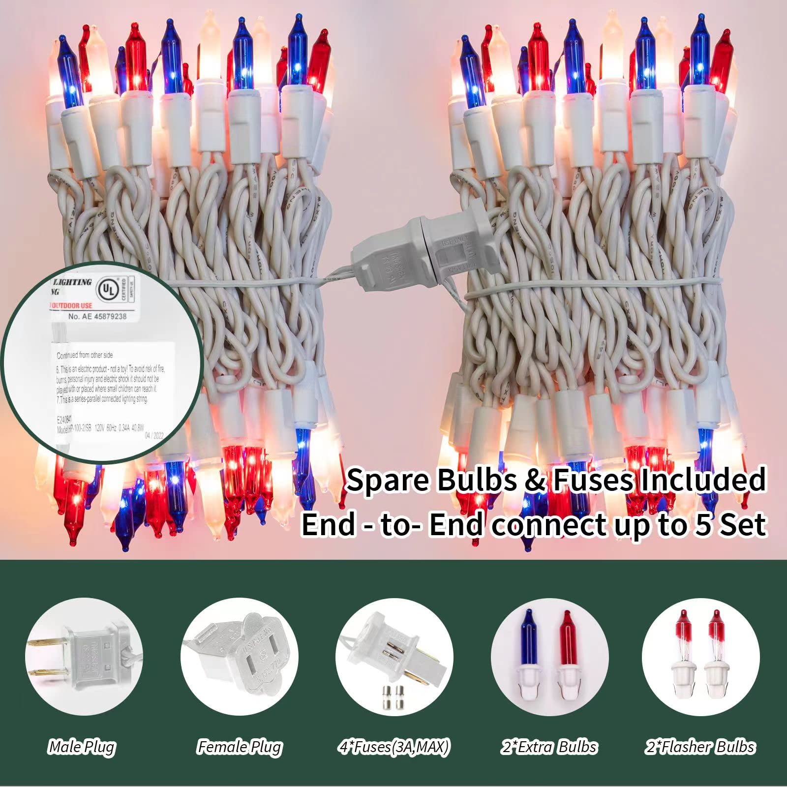 Lamphome Patriotic String Lights - Red White Blue Mini Lights With White Wire - 19.6Ft 100 Count Ul Certified String Lights For Independence Day Patriotic Holidays Decoration (Red, White & Blue)