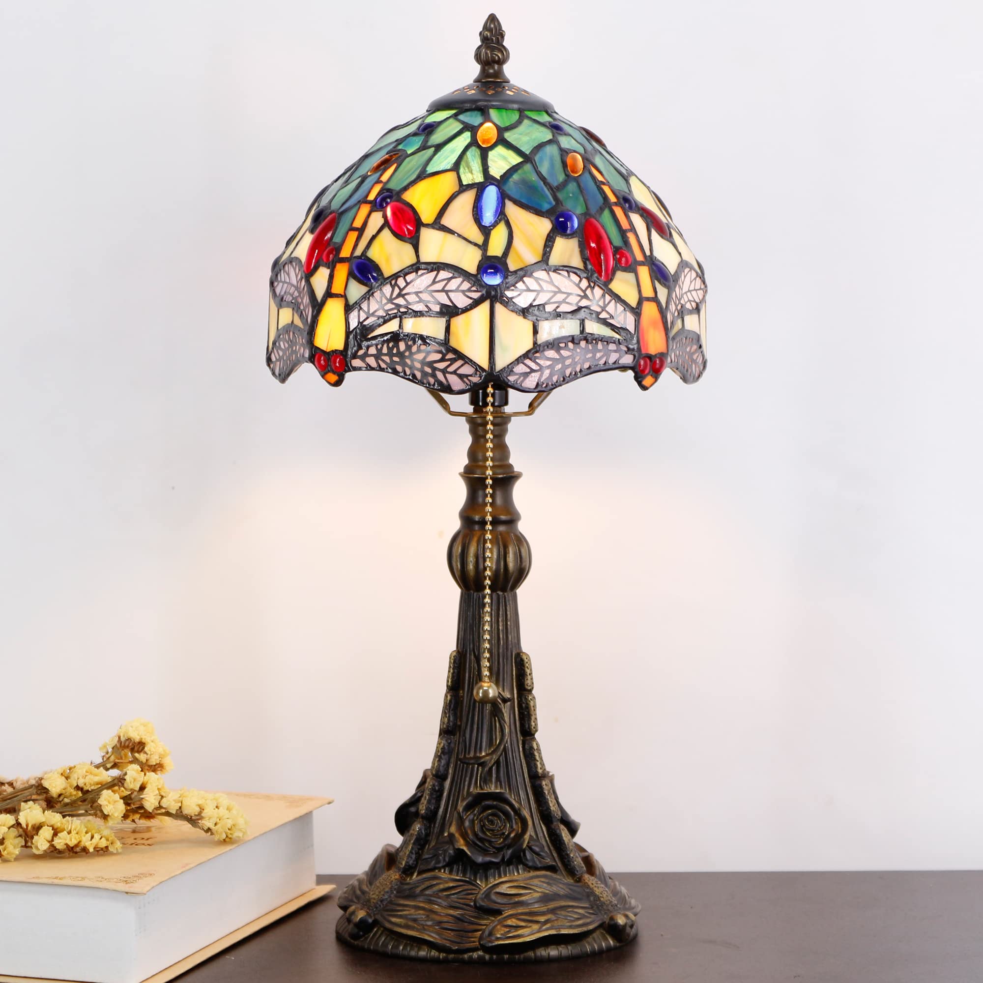 Small Tiffany Lamp Mini Stained Glass Desk Lamp Vintage Table Lamp Tiffany Style Night Light 8X17.5 Inch (Yellow Dragonfly Style