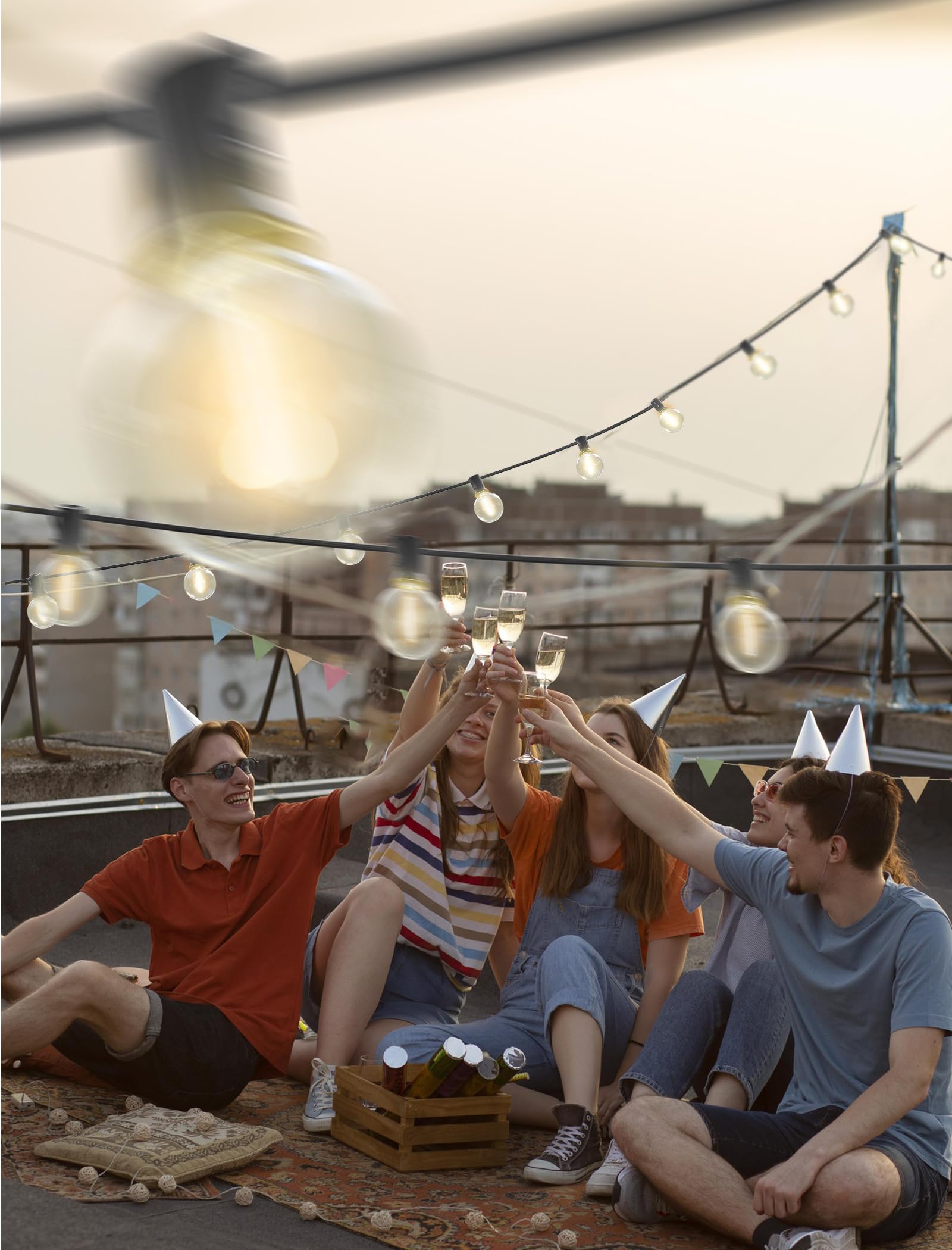 Sunsgne 25Ft Globe Led Outdoor String Lights - Waterproof Shatterproof Black Wire, Warm White Plastic Bulbs For Café Bistro Pergola Tents