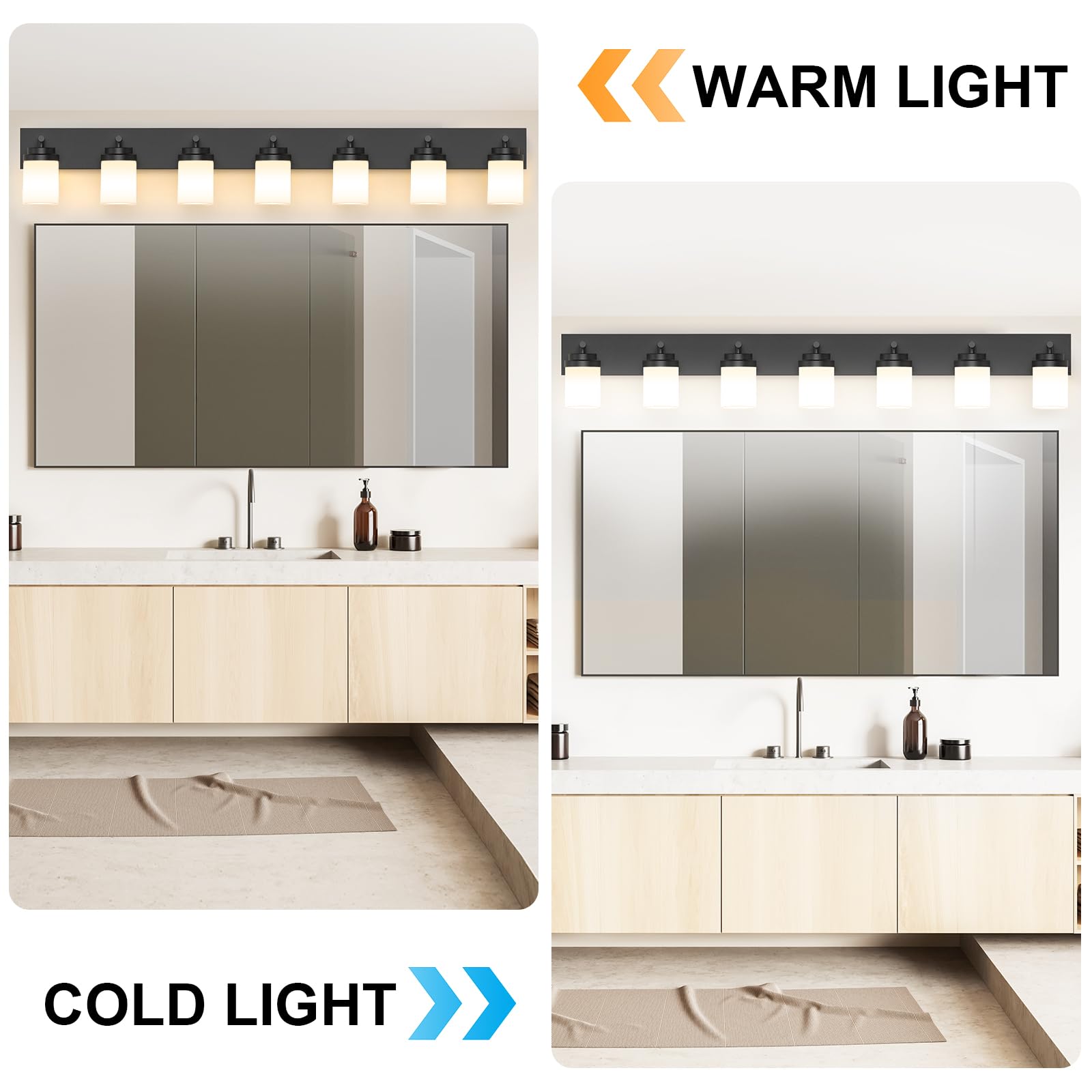 Izorro Bathroom Vanity Light Fixture  7-Light 51 Inch Matte Black Bathroom Light Fixtures Over Mirror  With White Glass Shade  Modern Farmhouse Vanity Lights  Rustic Restroom Lighting Fixtures