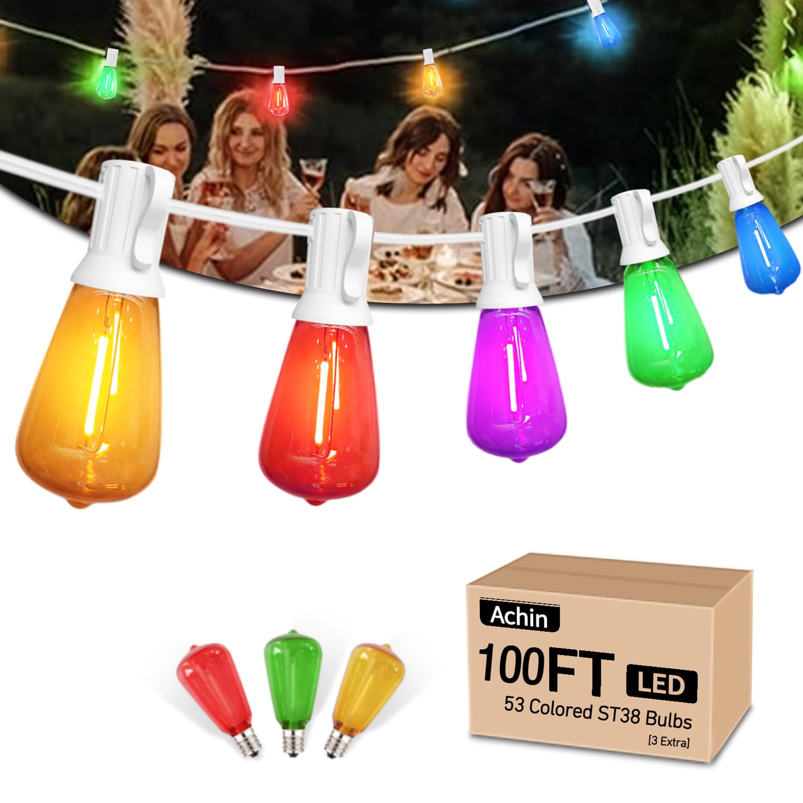 Achin Colored Outdoor String Lights White Cord - 100FT Multicolor Patio Lights with 50+3 LED ST38 Bulbs Shatterproof Colorful St