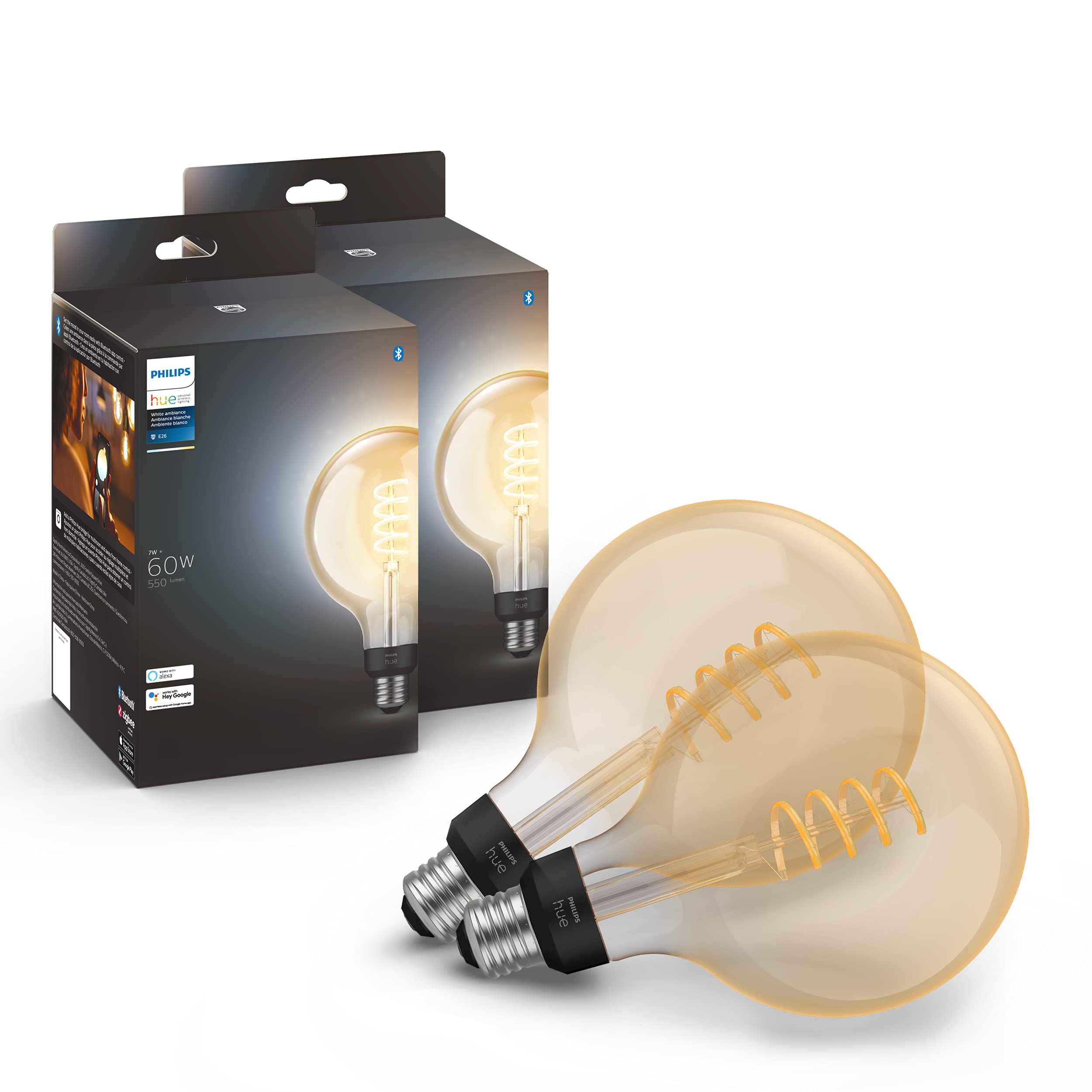 Philips Hue Smart 60W G40 Filament Led Bulb - White Ambiance Warm-To-Cool White Light - 2 Pack - 550Lm - E26 - Indoor - Control