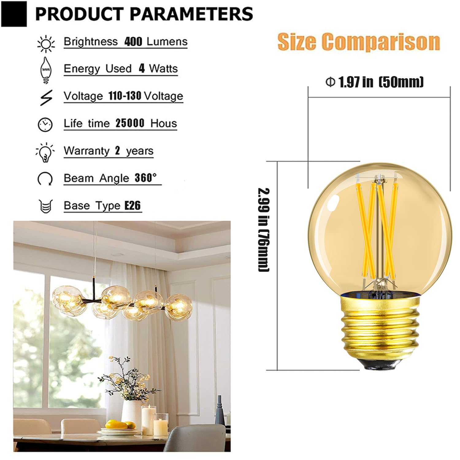 Leools G16.5 E26 Led Bulb 4W Equal 40 Watt Vintage Led Edison Bulb Ac120V 400Lm 2700K Amber Warm White Clear Dimmable Led Bulb F