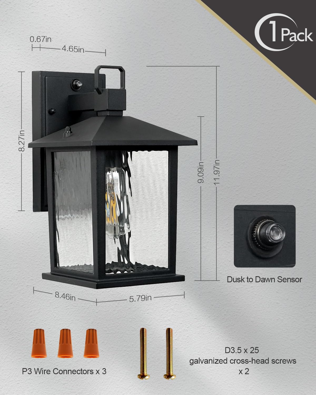 ZILLSEA Dusk to Dawn Outdoor Light Fixture, 12" Matte Black Wall Lantern with Water Ripple Glass, Waterproof, Model A0501P1