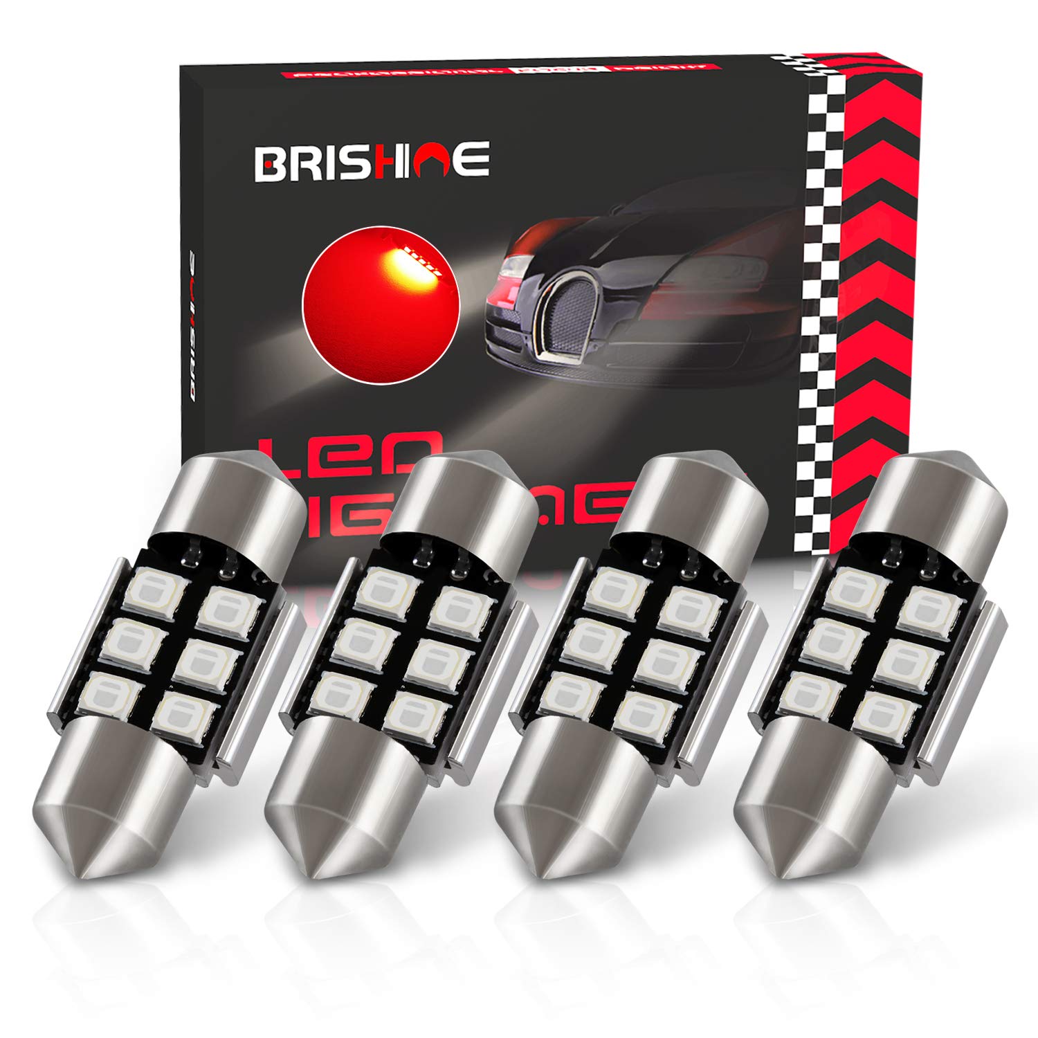 BRISHINE Festoon LED Bulbs 28MM/29MM, Canbus Error Free, Aluminum, Brilliant Red, Model BRISHINE-Festoon28R-28354