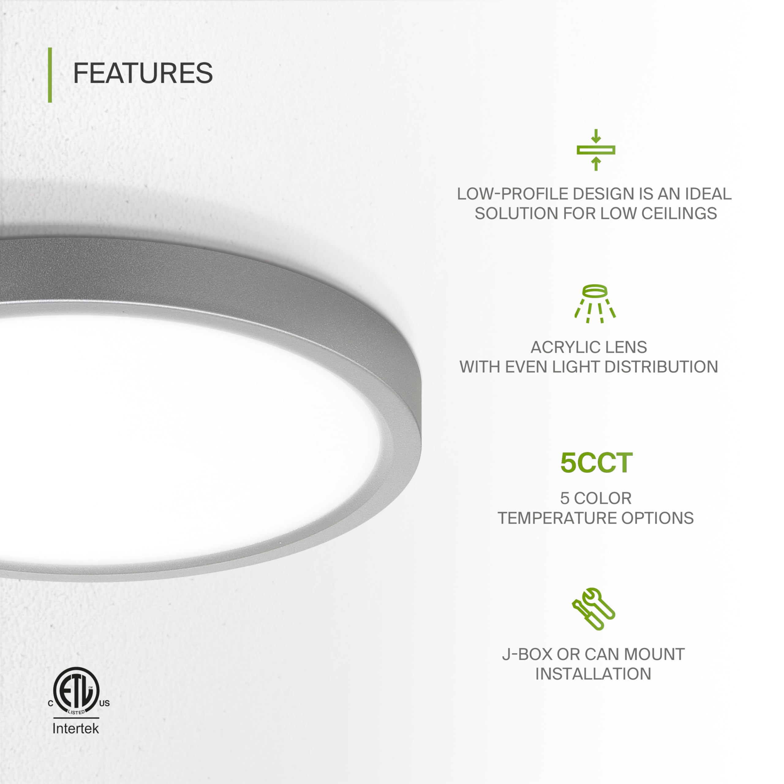 ASD LED Ceiling Light Fixture | 15W 1260LM | 2700-6000K | 7in Round | Nickel | 6 Pack | Dimmable, ETL Listed