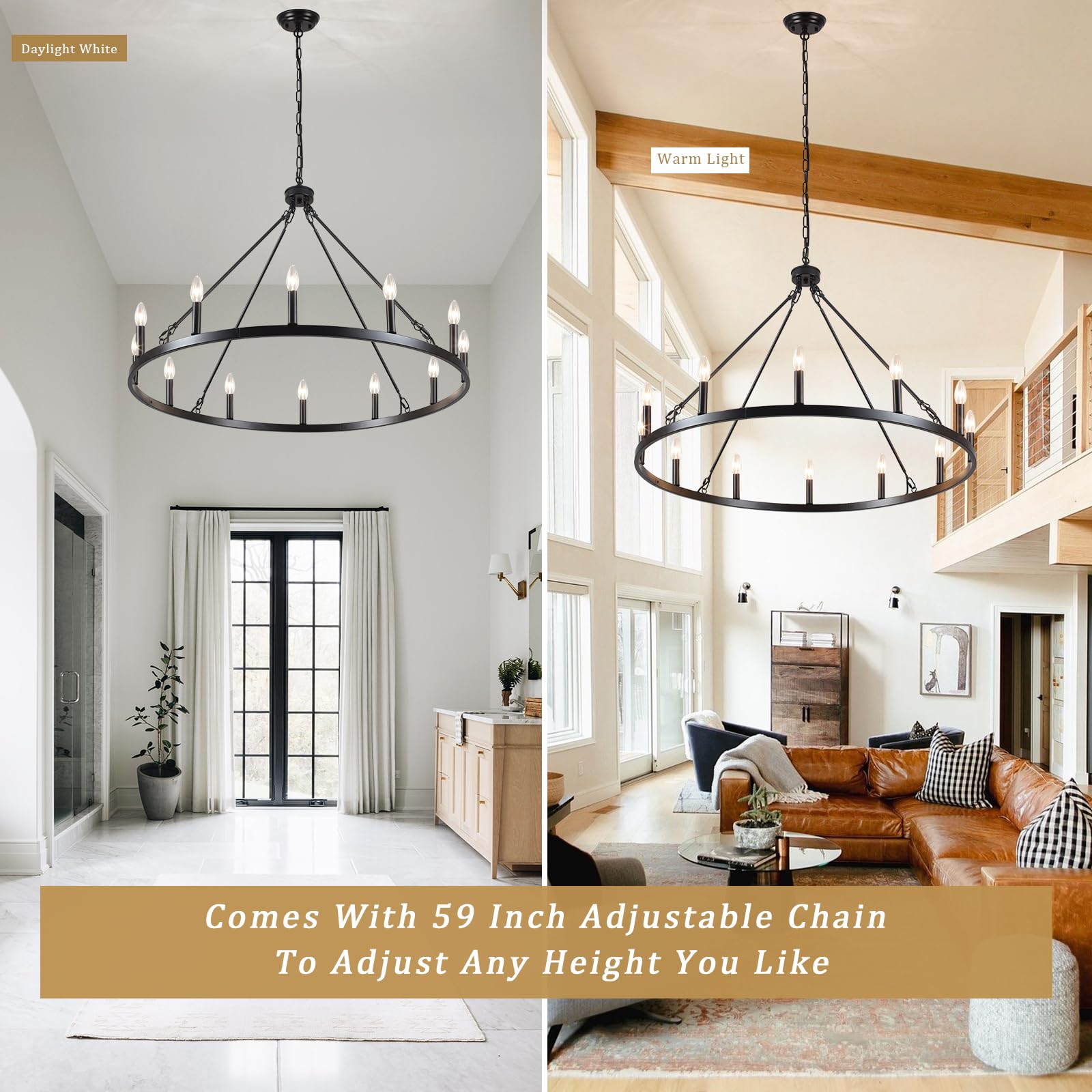 Wagon Wheel Chandelier 12 Light 38'' Large Black Farmhouse Chandelier For Dining Room Rustic Country Pendant Light Fixtures Hang