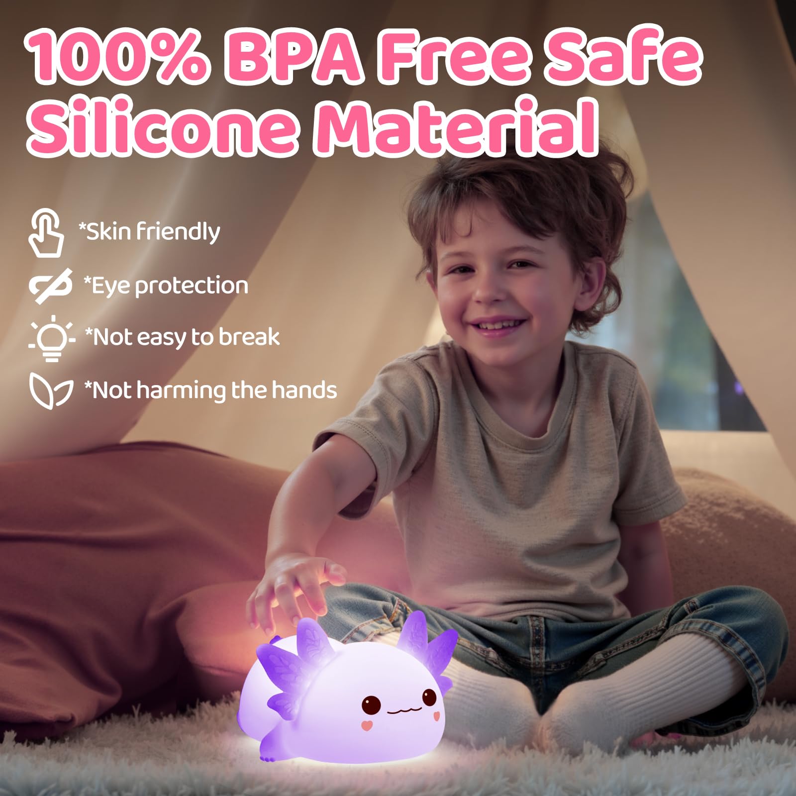 Mewaii Huggwaii Squishy Axolotl Night Light for Kids, Dimmable Silicone Kids Night Light with 4 White Noise, 2025 Upgraded Recha