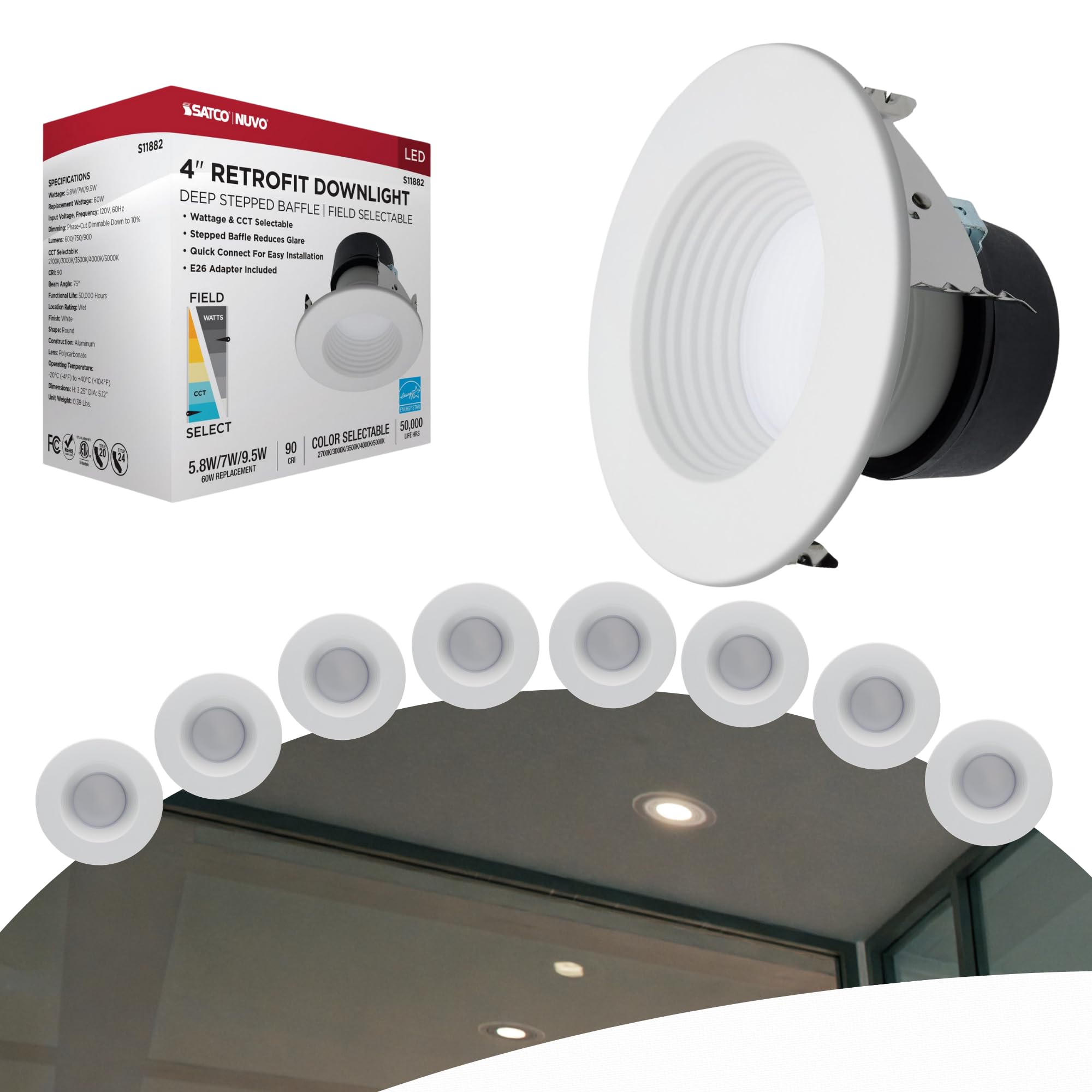 Satco S11882 4-Inch Field Selectable LED Downlight Retrofit, Deep Baffle, 5.8W-9.5W, 600/750/900 Lumens, 5CCT (2700K-5000K), Whi