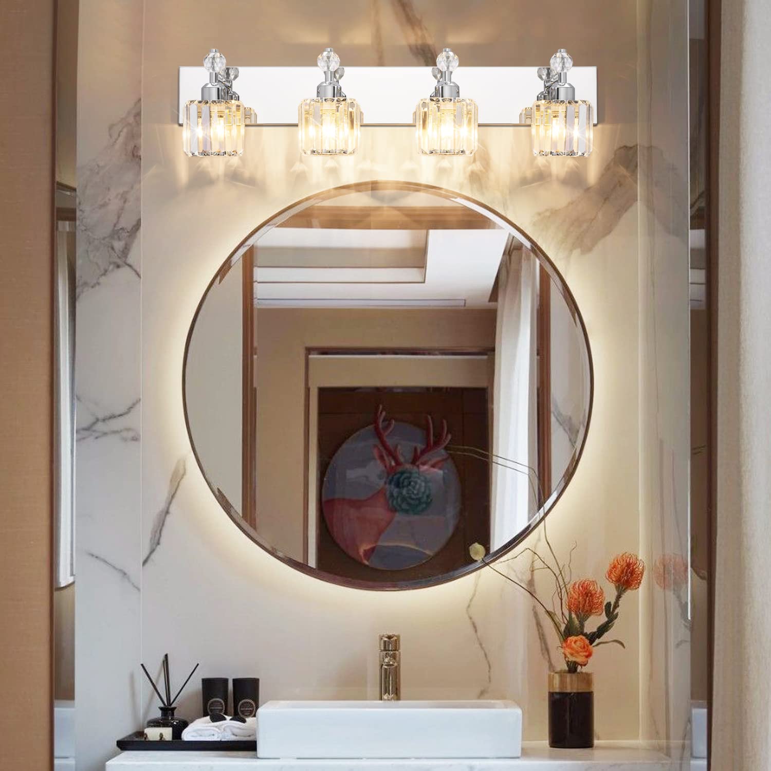 PRESDE Modern Crystal Bathroom Vanity Light 4-Light Chrome Stainless Steel Wall Fixture