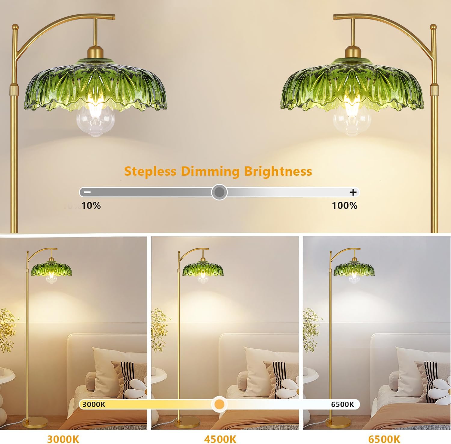 Illmtw Glass Floor Lamp For Living Room,Bedroom,Gold Standing Lamp With Remote,Dimmable Brass Mid Century Modern Tall Lamp Vinta
