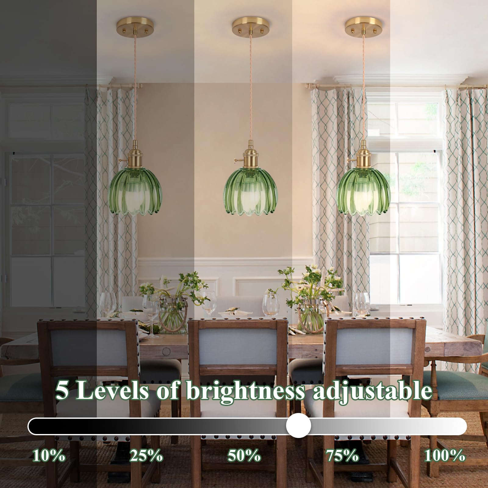 Loiogohot Battery Operated Pendant Light, 5.1" RGB Rechargeable Glass Chandelier, Tulip Green, Model PL-BN1169-CD-GN