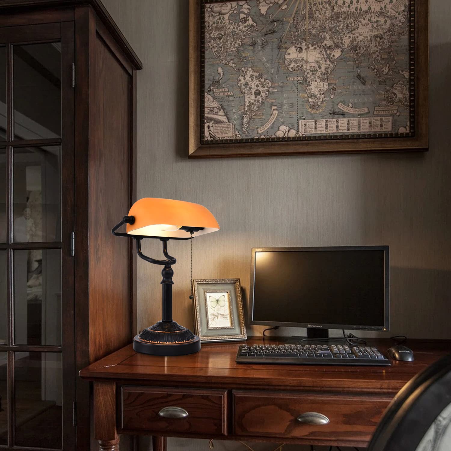 Rizzyluz Rustic Banker'S Desk Lamp Pull Chain, Traditional Bankers Desk Lamp With Usb Port, Vintage Farmhouse Table Lamp For Hom