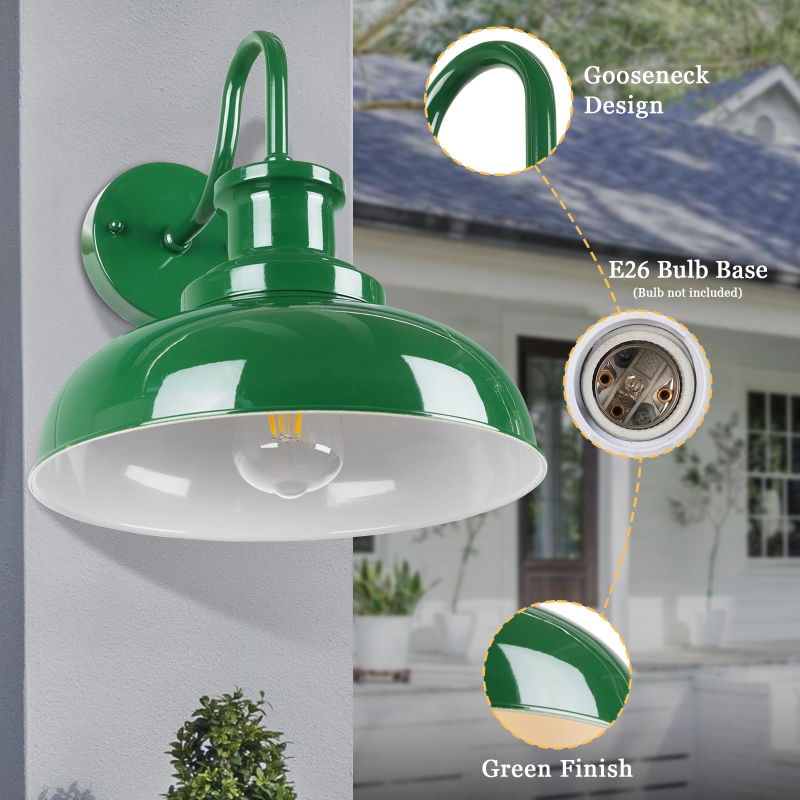Diyel Gooseneck Barn Light - Rustic Wall Mount Fixture, Green & White, Model 01RZ007-1, Industrial Vintage Style, 1 Pack