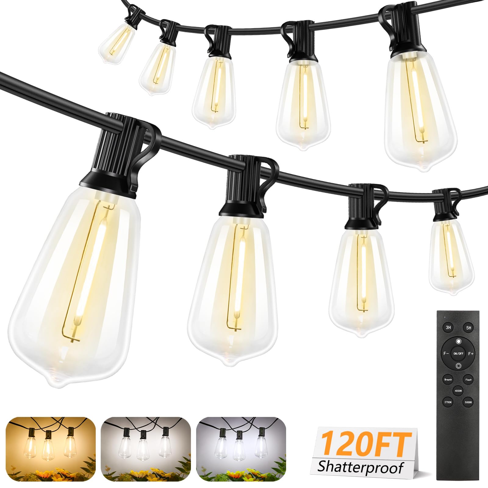 Brightever LED Outdoor String Lights, 3 Color Modes, 120FT, 38 Vintage Edison Bulbs, Waterproof, Black, Model CMPC-O25XA