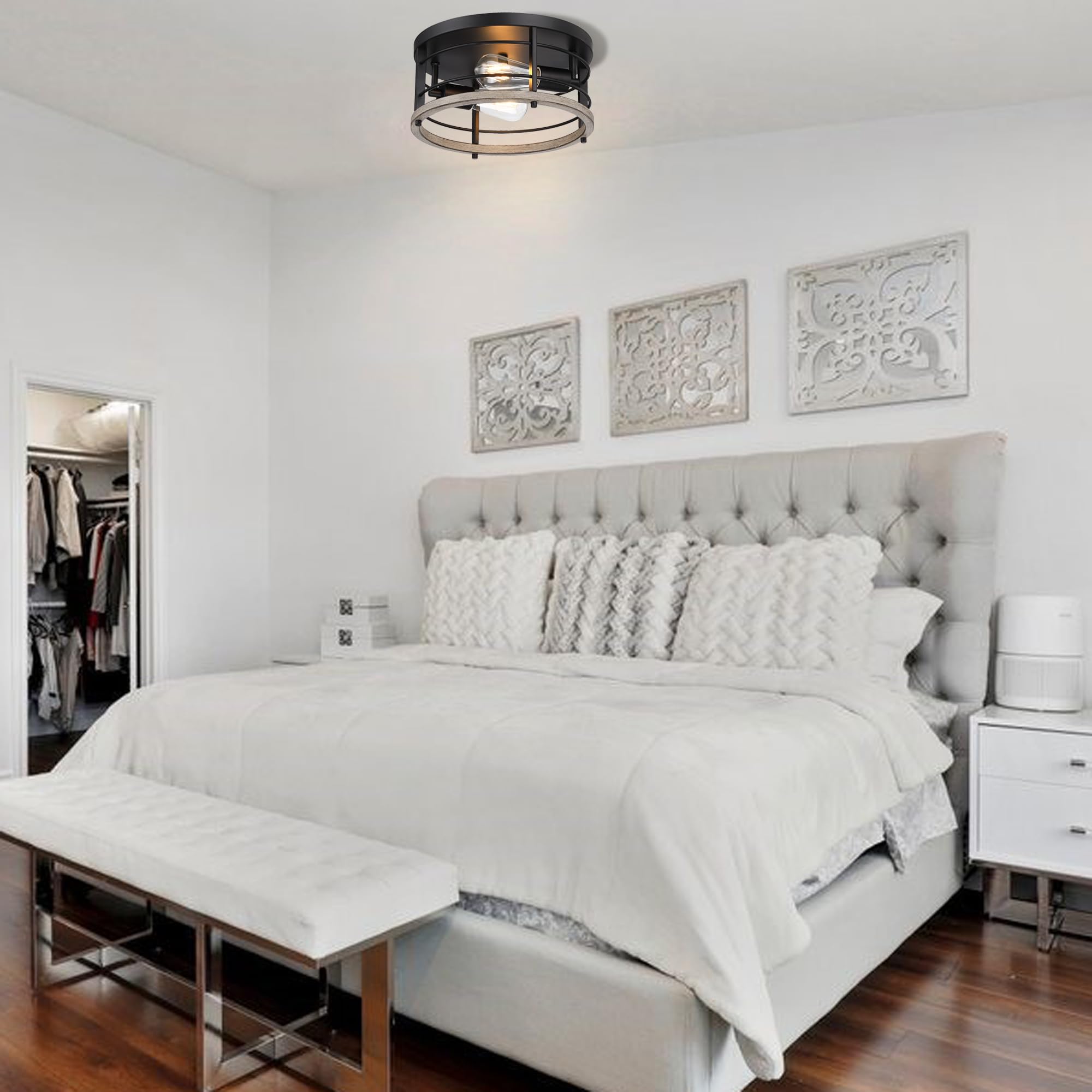 Revtronic Black Flush Mount Ceiling Light Fixture, 2-Light Modern Industrial Design For Porch & Kitchen