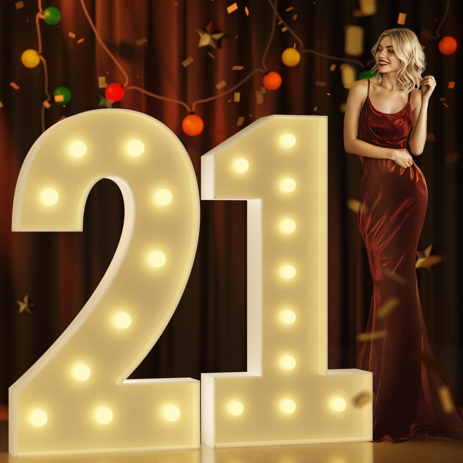 Marquee Numbers 4 Feet Tall Large Light Up Numbers 21St Birthday Decorations Girl Boy Big Yellow Light Outdoor Anniversary Decorations Balloon Arch Kit Party Backdrop 21