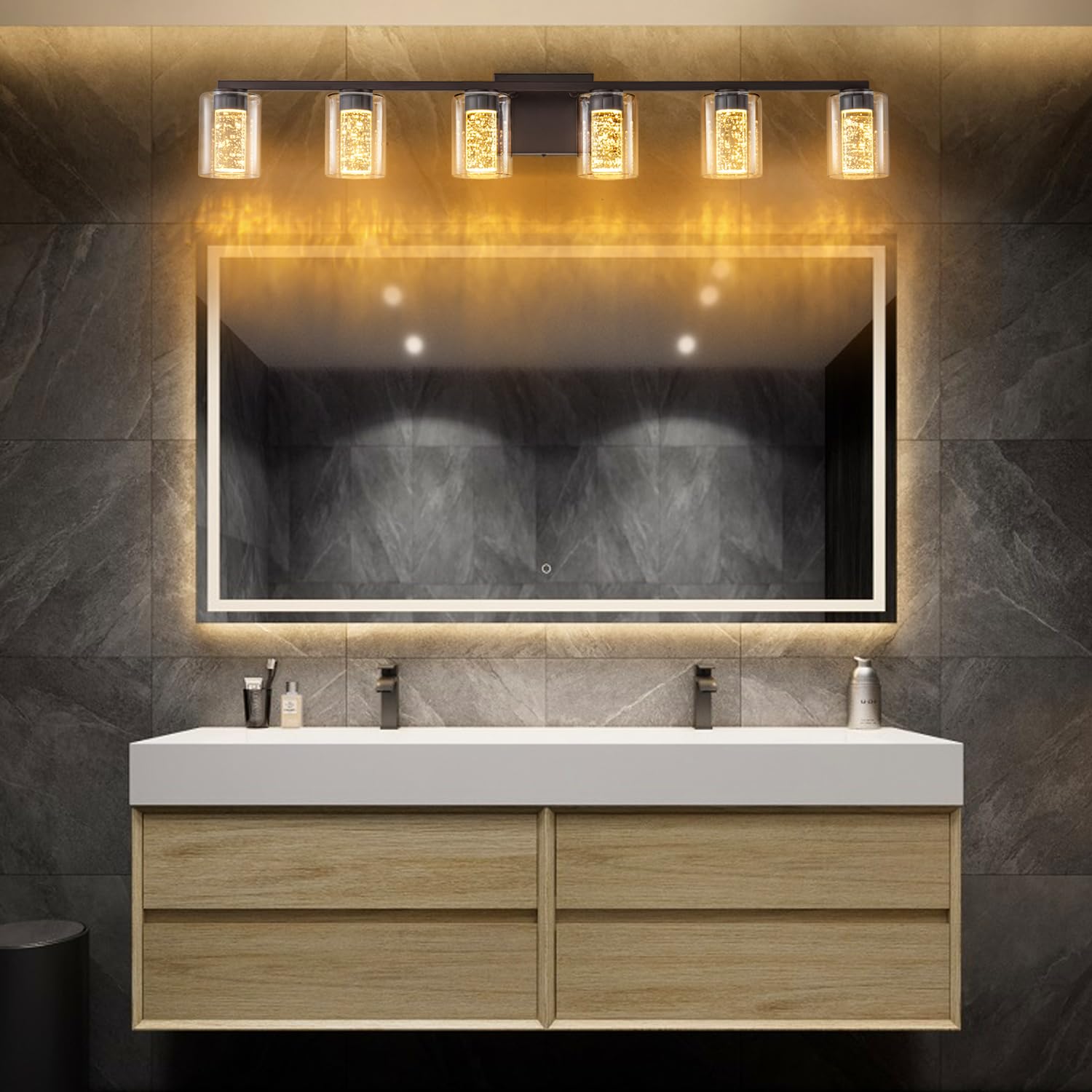 Sinerise 6-Light Bronze Vanity Light With 3 Color Modes (3000K/4000K/6000K), Eye Protection Led Bathroom Light Fixture, Dimmable