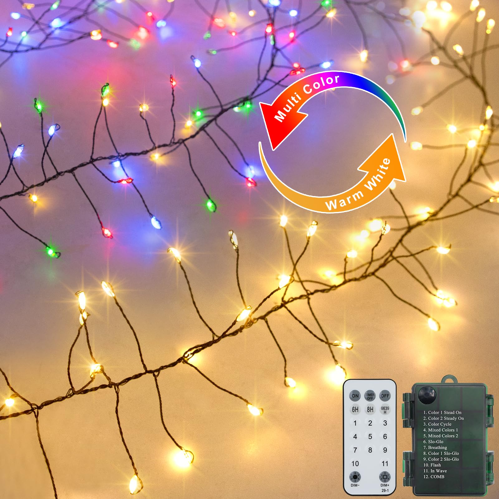 BSGlobal Dual Color Cluster Fairy Lights Battery Operated  10Ft 200 LED Dark Green Copper Wire Fairy String Light with Remote Timer Christmas Lights for Bedroom Xmas Tree Garland Decor