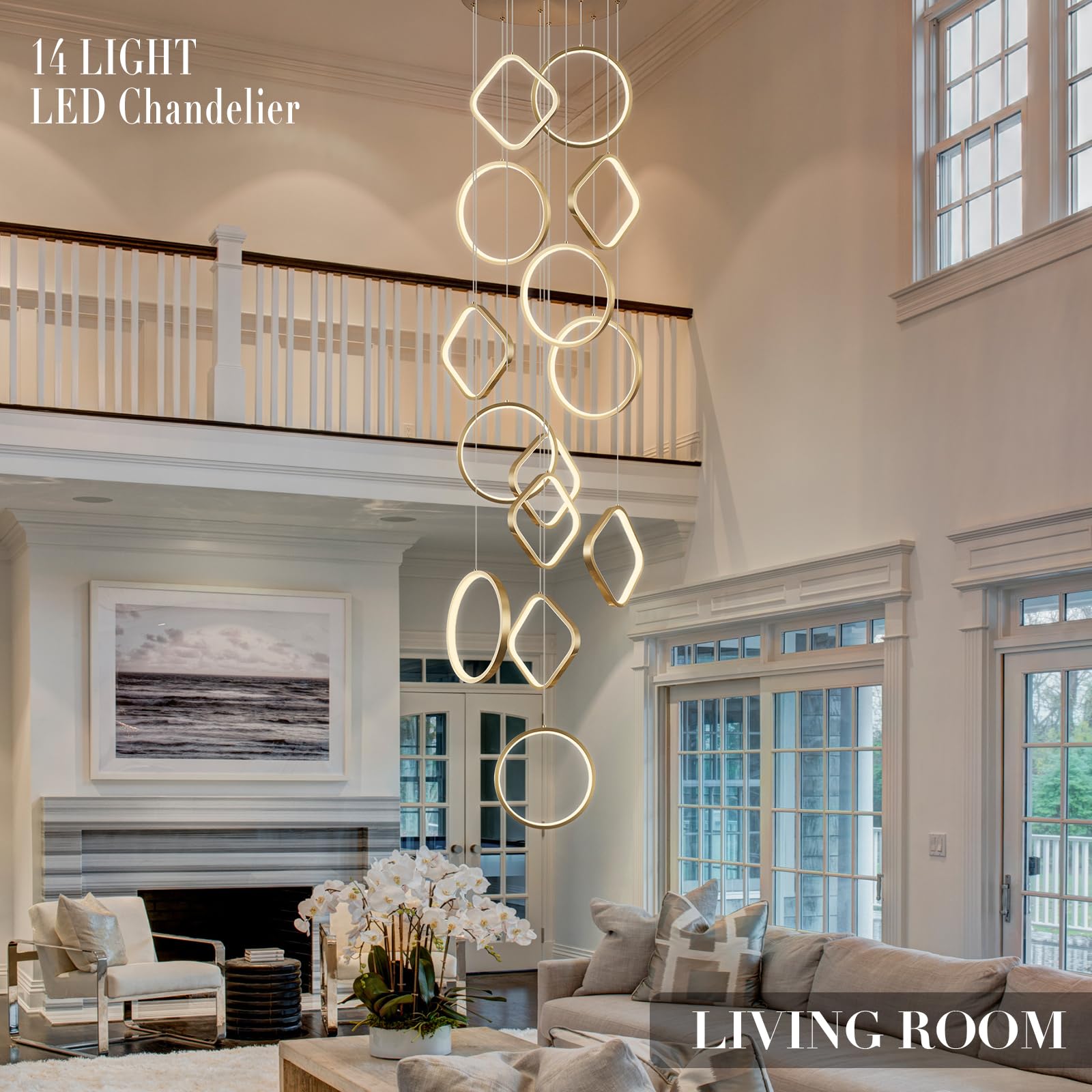 AIRYPHANT Gold LED Chandelier, 14-Light Modern Design for High Ceilings, Dimmable, Model P2001-14GDC1