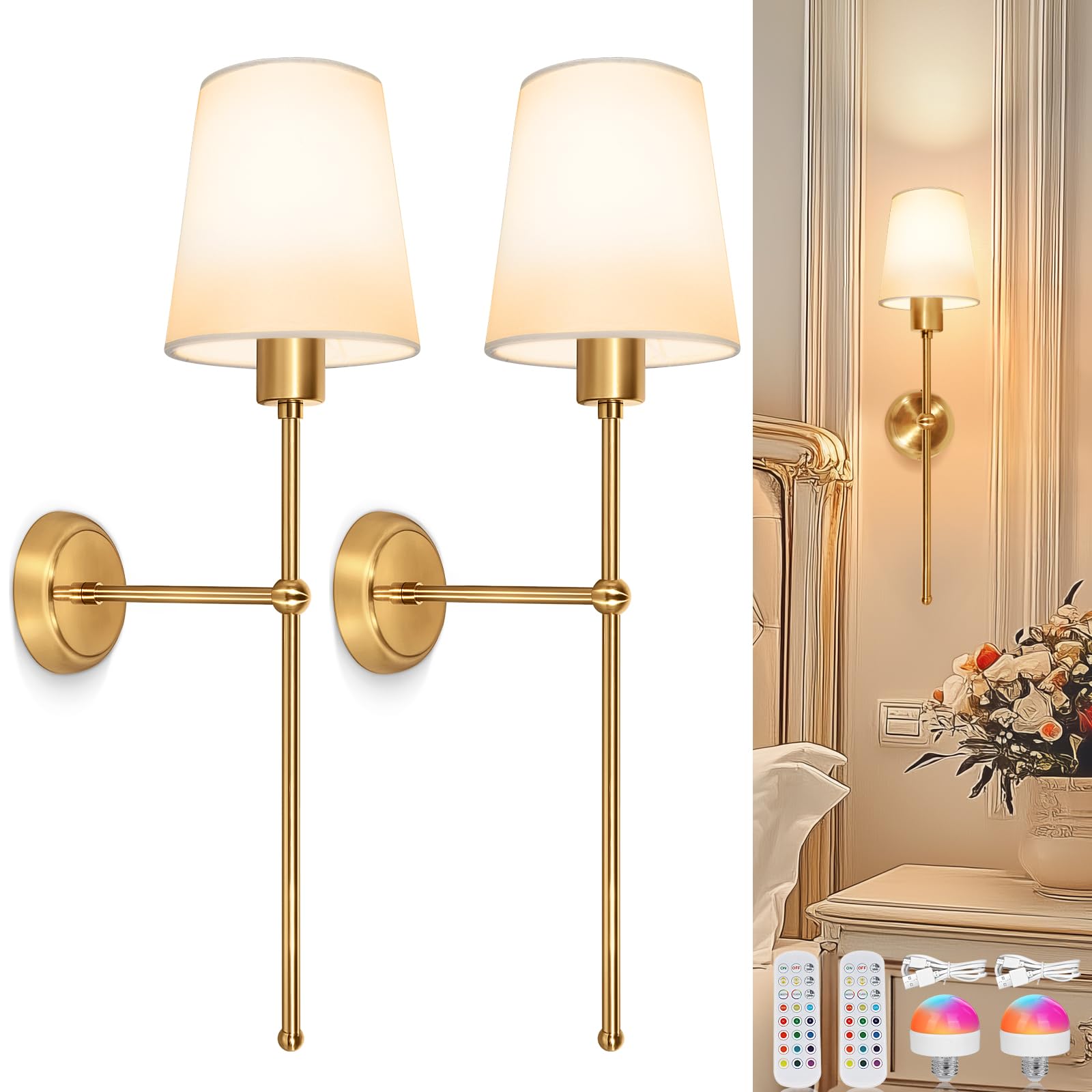 TaoFiaCo Battery Operated Wall Sconces Set of Two, Rechargeable Wireless Wall Sconces with Remote Control Dimmable, Gold Decor B