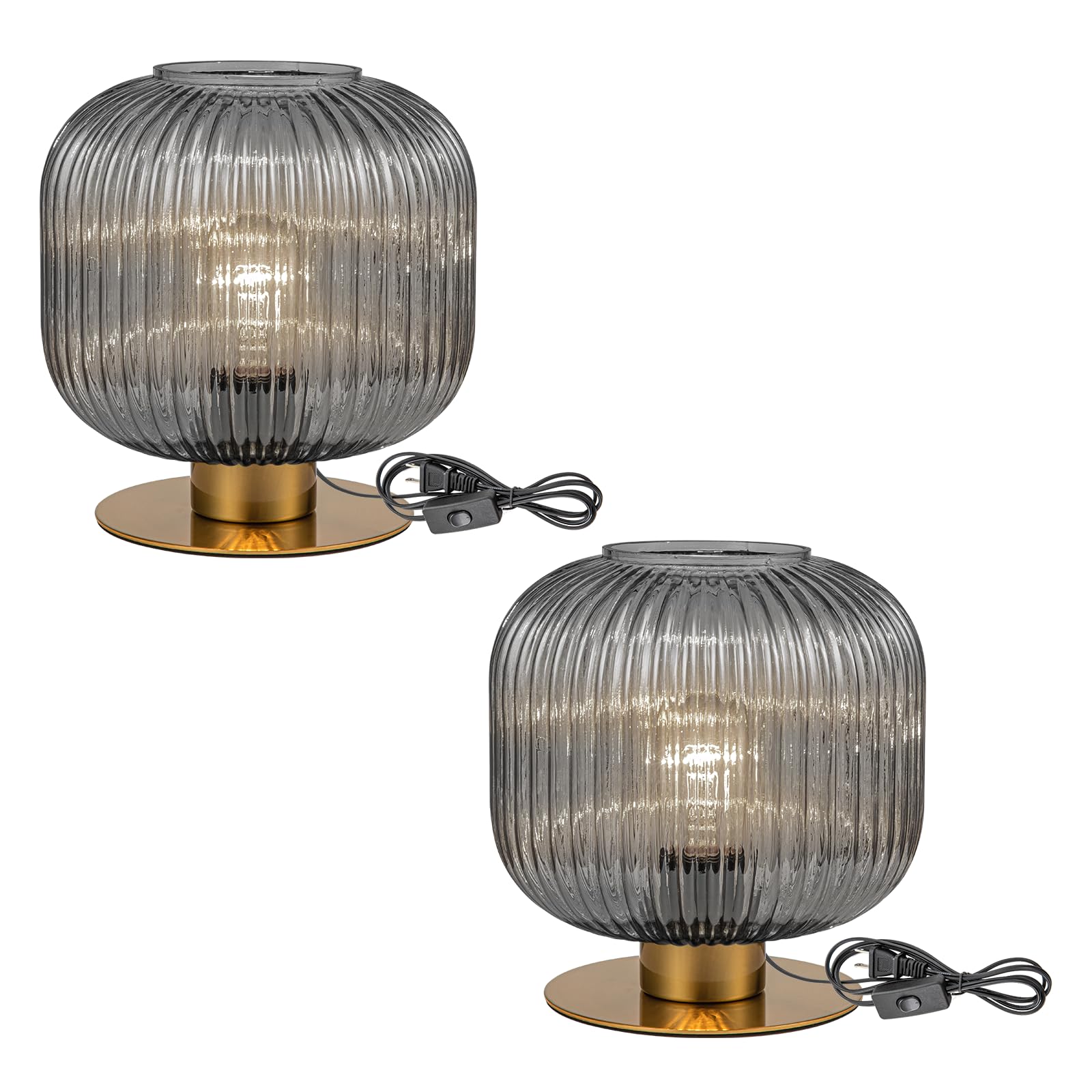 Soutas Gray Table Lamps for Bedroom Set of 2, Mid Century Gold Table Lamp with Smoke Glass Shade, Ribbed Desk Lamp Decorative Si