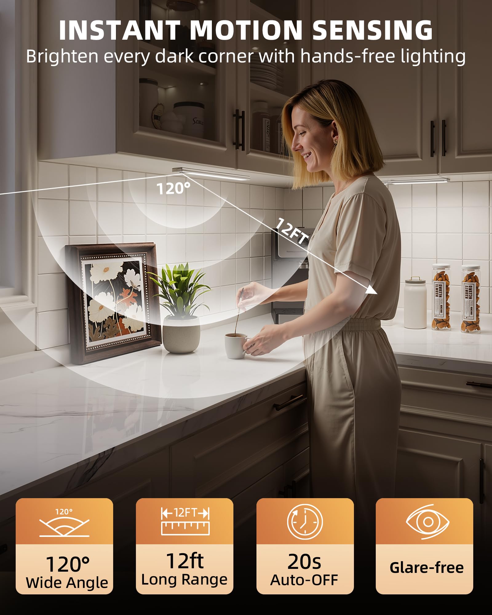EZVALO 12" Under Cabinet Lighting - Rechargeable Motion Sensor, Dimmable, Magnetic, 3 Color Temperatures, Aluminum (2 Pack)