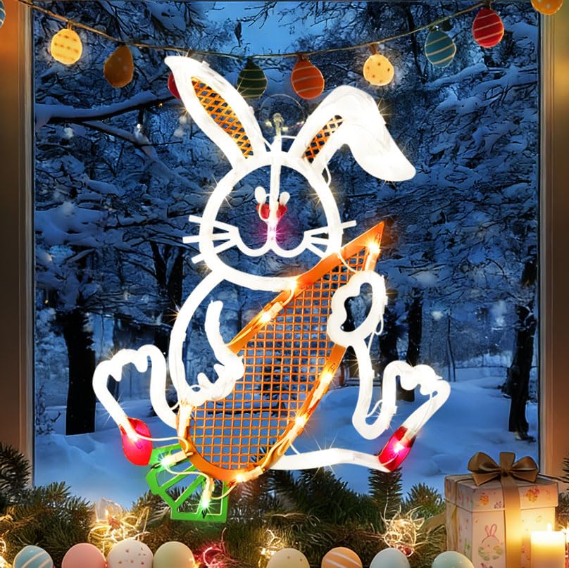 GLOWNOVA 17 35LED Lighted Bunny with Carrot Easter Decor - UL Certified  Cute Warm Glow  Window & Hanging Ornament  Indoor Holiday Decor Beautiful Gift for Easter