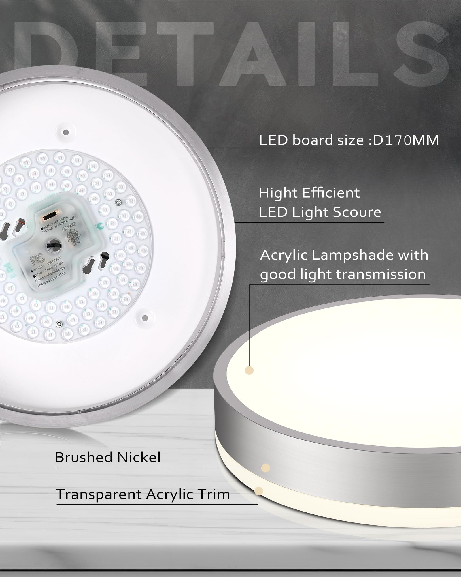 Ken & Ricky Modern Flush Mount Led Ceiling Light Fixture  12 Inch 5Cct Ceiling Light  Brushed Nickel Hallway Lighting Fixtures Ceiling  Kr3350-1Pk