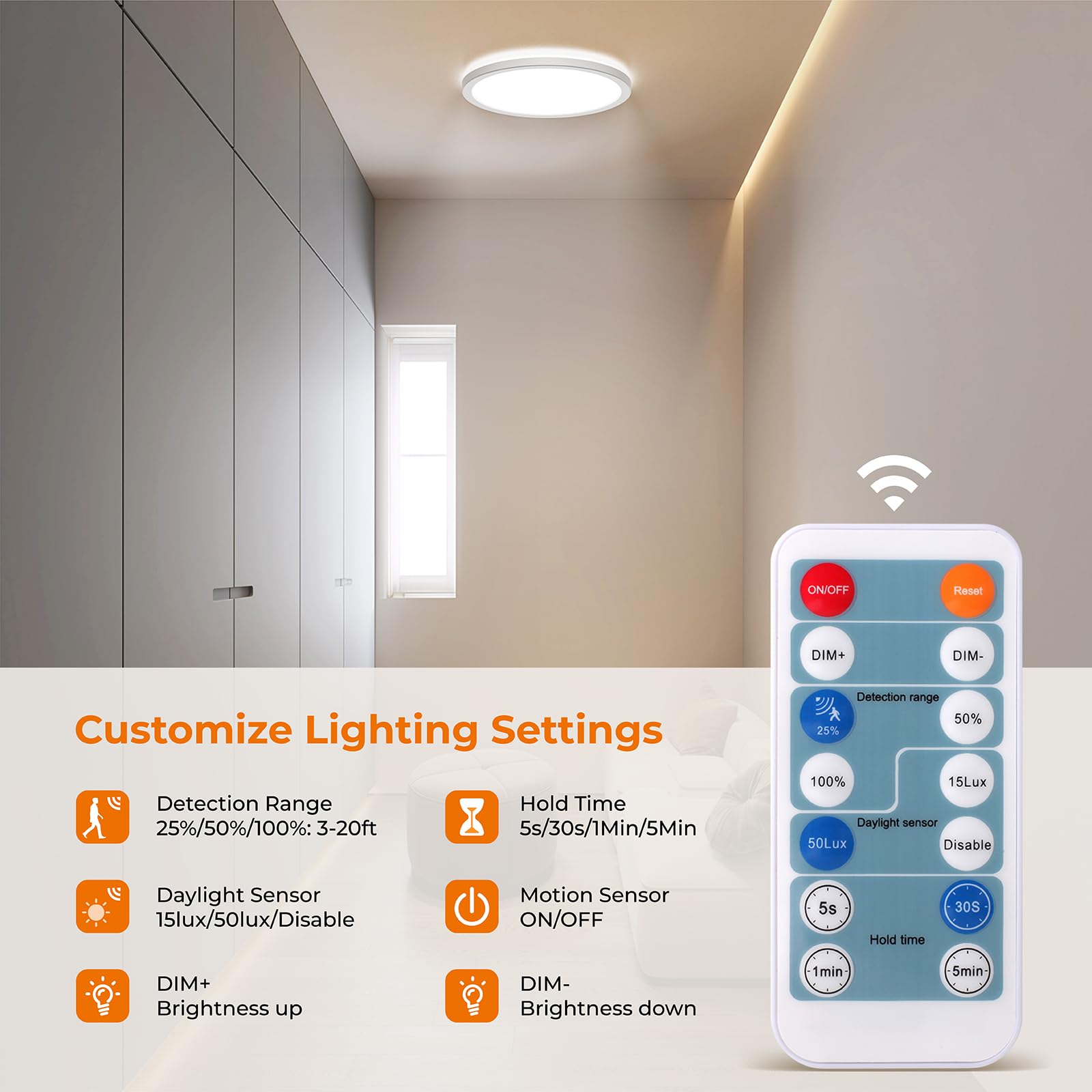 Matane Motion Sensor LED Ceiling Light, 9 Inch, Dimmable, 1800LM, White, Model LS-CL-G18W-M-DCCT