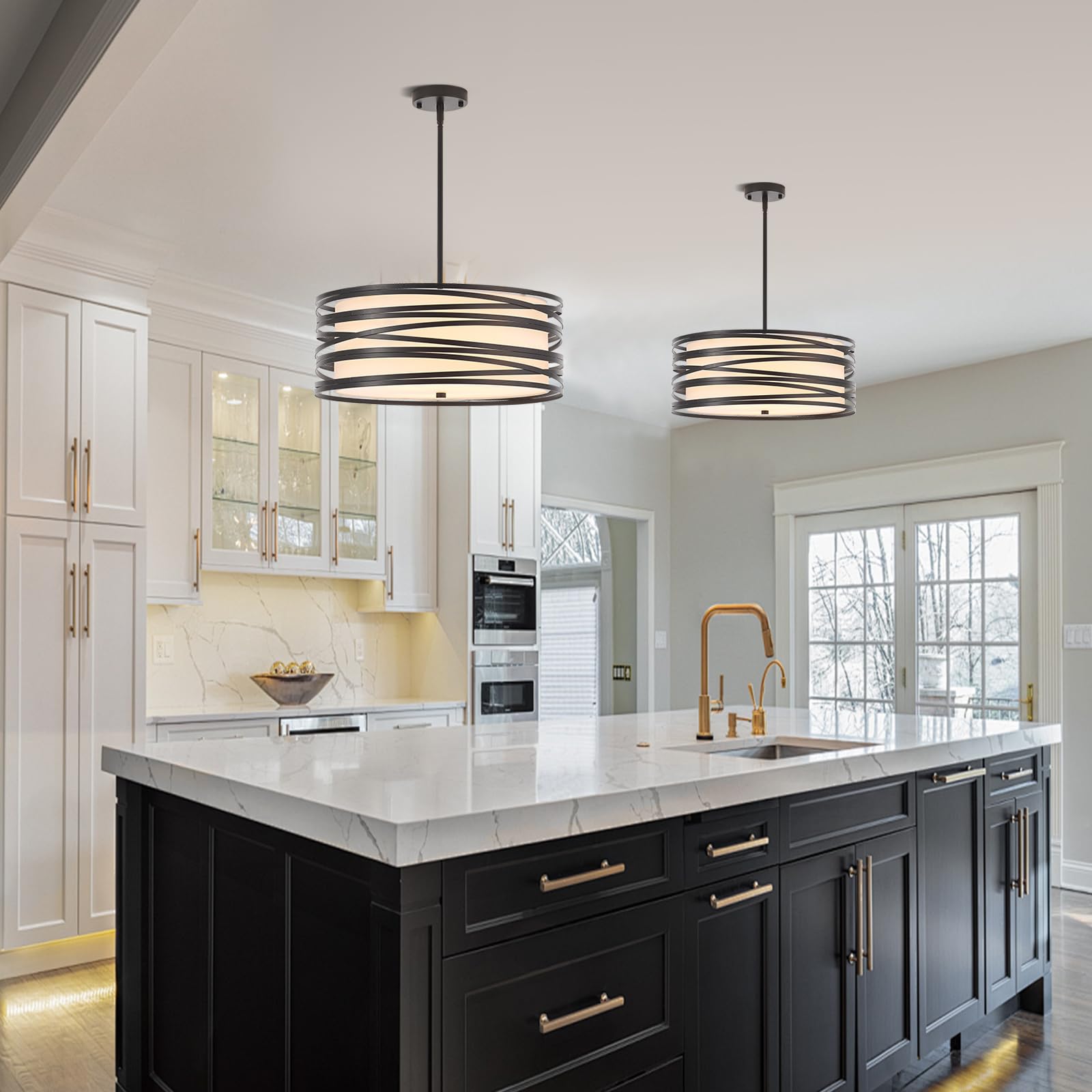 Yomecoo 19.7 Drum Chandelier Light Fixture Vintage Modern 5-Lights Black Chandelier With Linen Lampshade Farmhouse Rustic Drum C