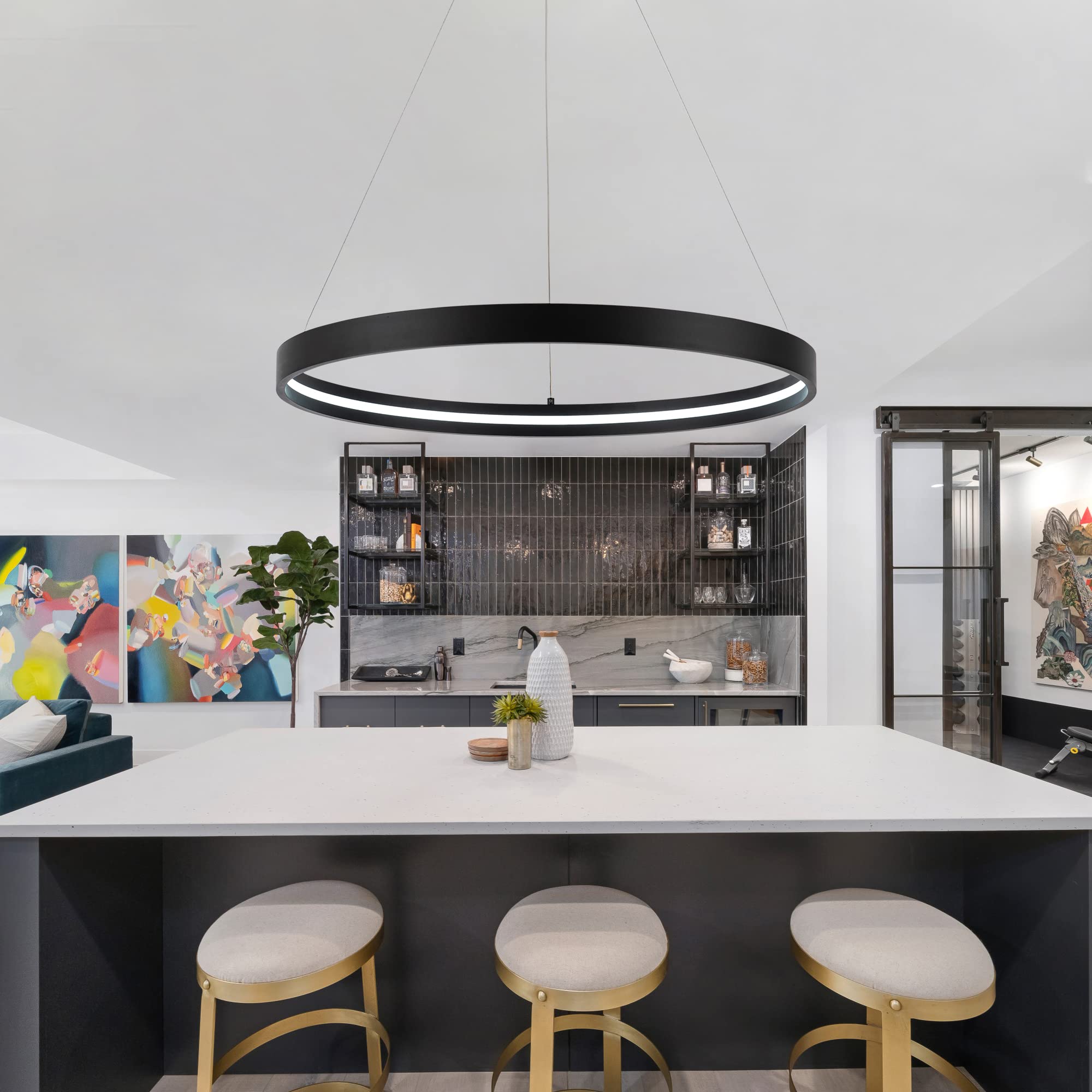 Sunmoo Modern Led Chandeliers Black, Dimmable Contemporary Led Chandeliers 1 Ring, Hanging Led Modern Pendant Light Fixture For