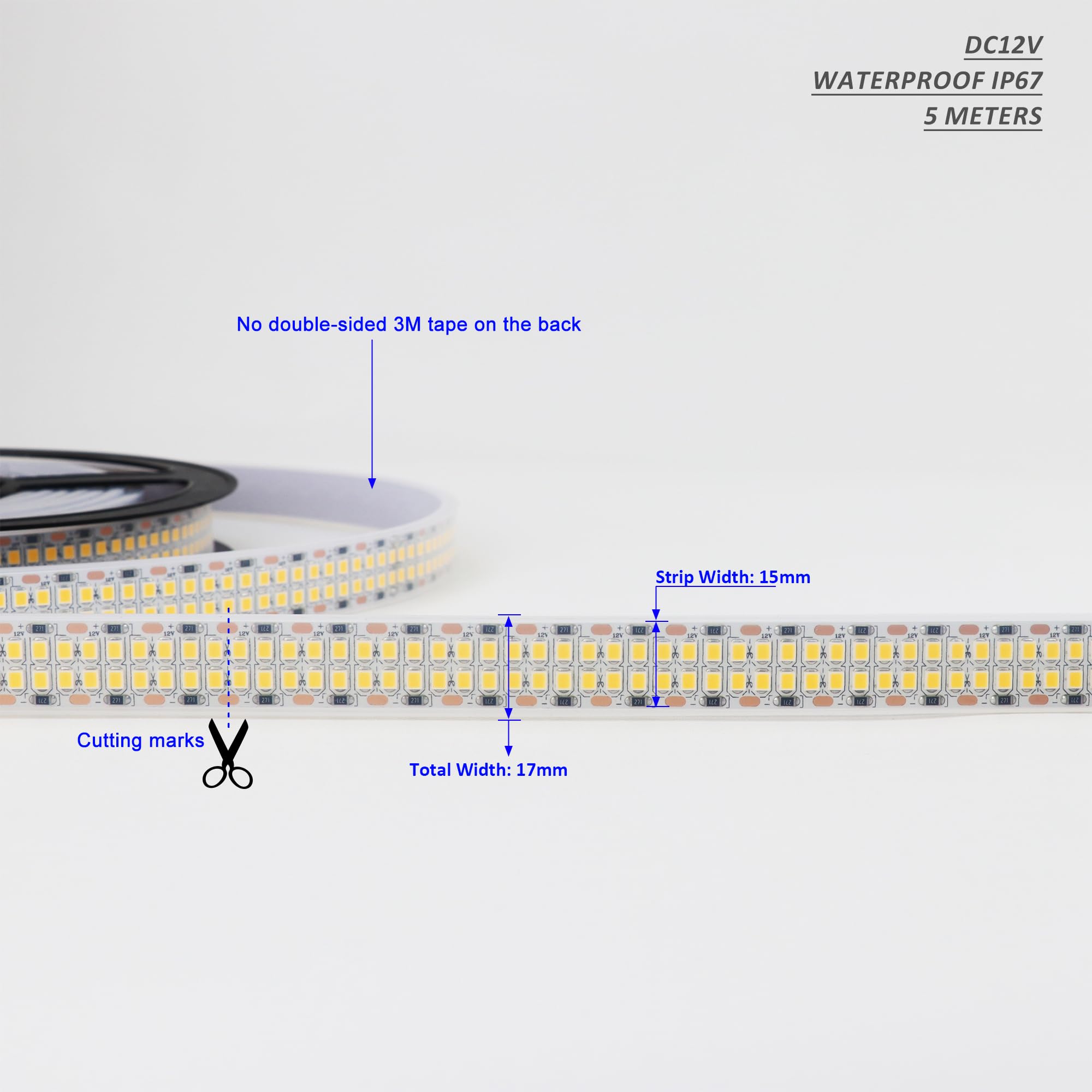 Ledenet Led Strip Lights Warm White 3000K 2400Leds Dc 12V 16.4Ft/5M Double Row 2835 Smd Led Tape Light Flexible Dimmable Ribbon Lamp Waterproof Ip67 Outdoor Lighting(No Adapater And Dimmer)