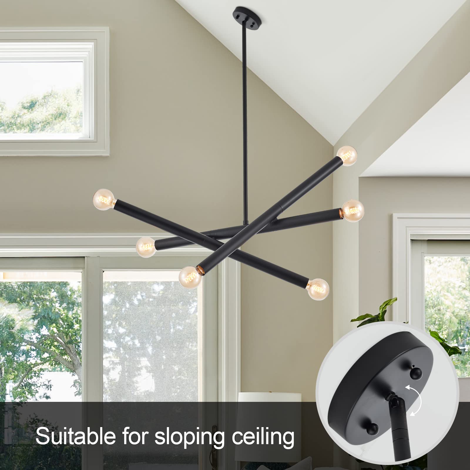 Vanzarla Black Sputnik Chandelier For Dining Room, Modern Pendant Light Kitchen, 6-Light Adjustable Hanging Light Fixture For En