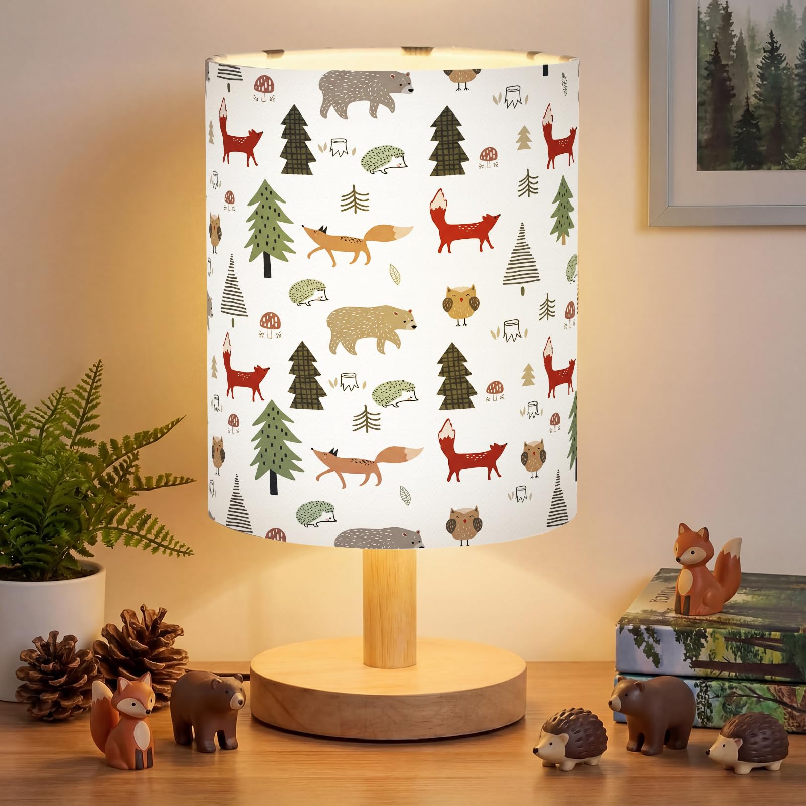 VIHOSE Woodland Animals Kids Table Lamp for Bedroom Kids Bedside Lamp with Linen Wooden Nightstand Cartoon Nursery Lampshade for