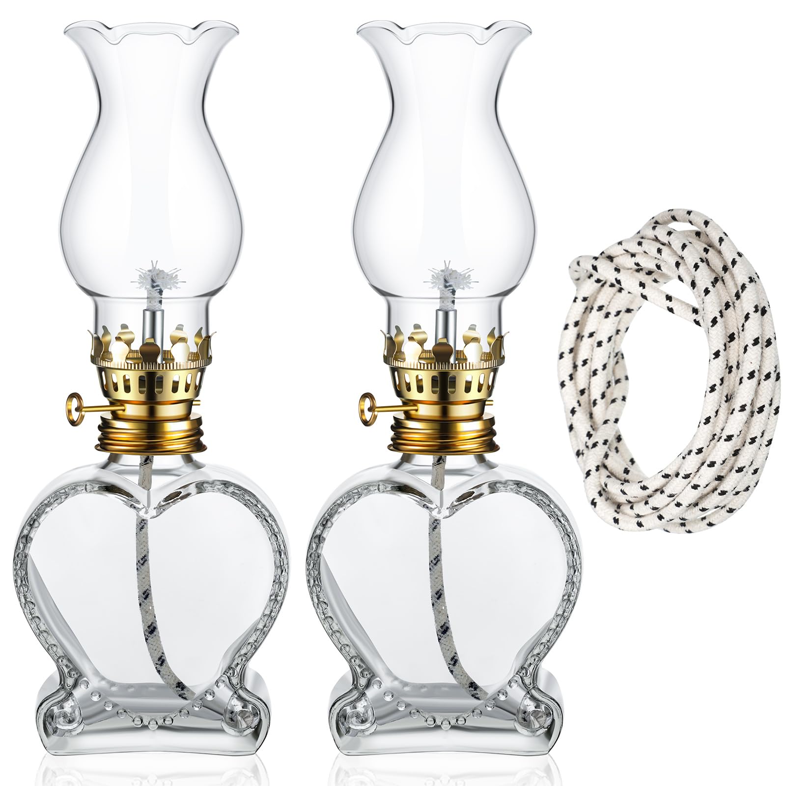 Yexiya 2 Pieces Rustic Oil Lamp Lantern Large Classic Kerosene Lamp Vintage Glass Kerosene Lamp Chamber Oil Lamps with 6.6 ft Extra Oil Lamp Wick for Indoor Use Home Decor Lighting (Heart)