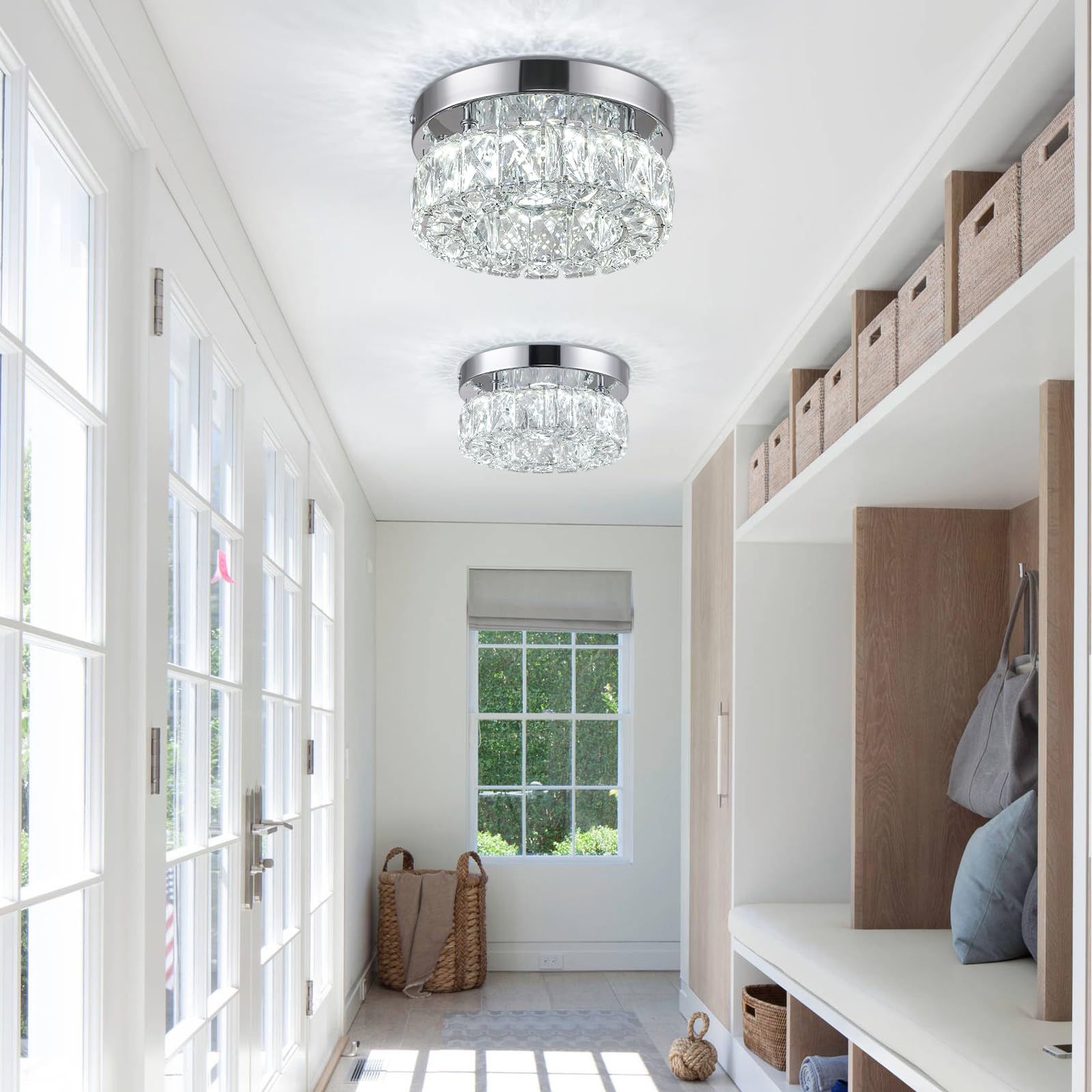 RHEAFON Mini Crystal Chandelier - 7.9" LED Flush Mount, K9 Crystal, Polished Stainless Steel, 6500K Cool White, Model MC003