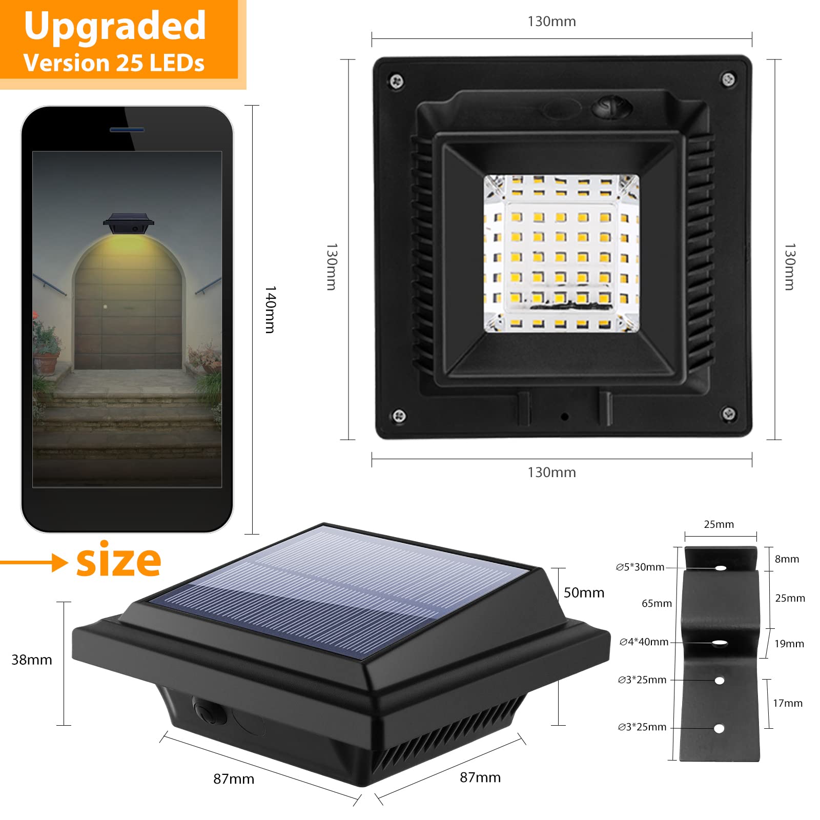 KEENZO Solar Outdoor Lights - 6pcs LED Gutter Lights, Warm White, Waterproof, Model 25GU-WCW, Black