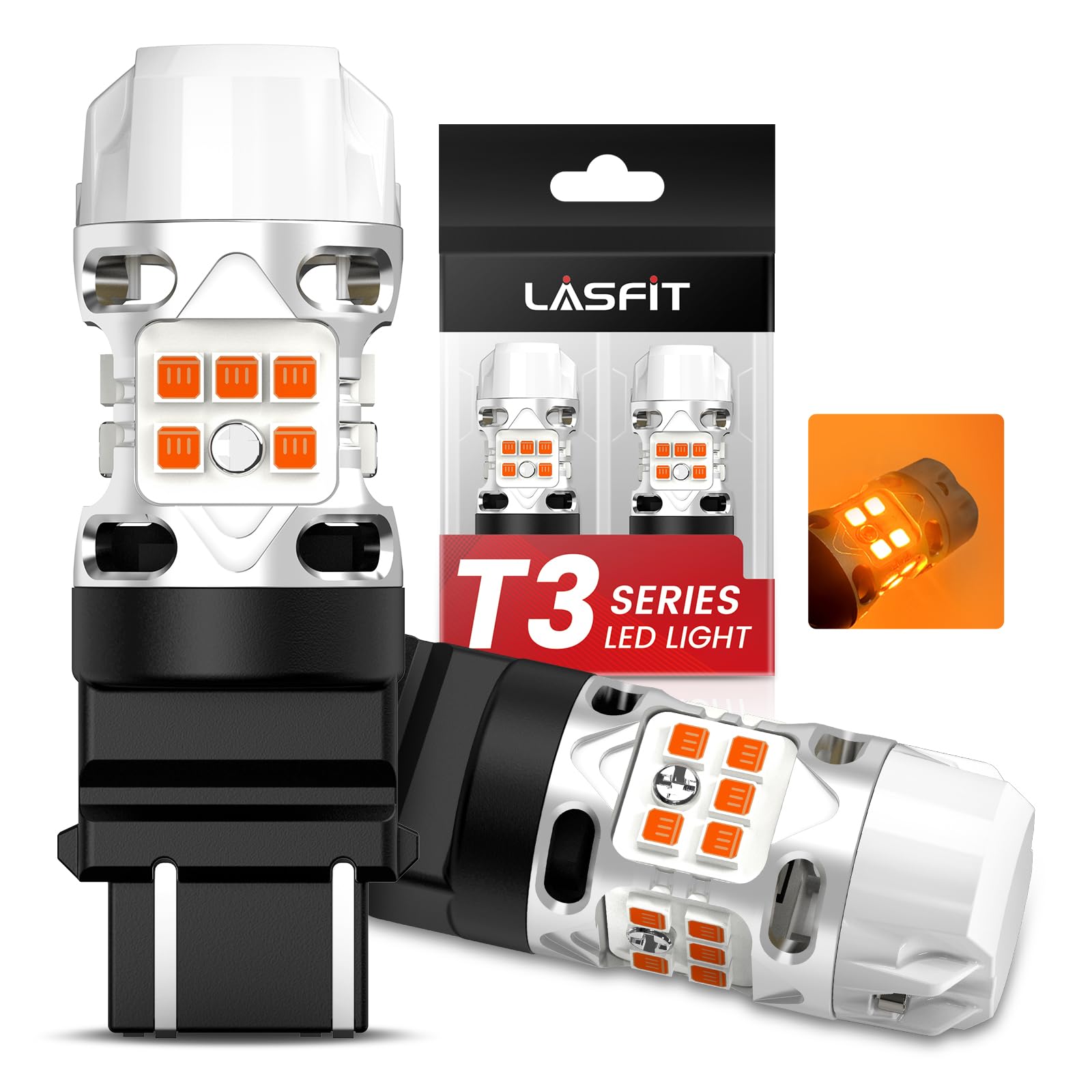 LASFIT 3157 LED Bulb Amber T3-3157A Turn Signal Built-In Resistor CANBUS Error Free, Pack of 2