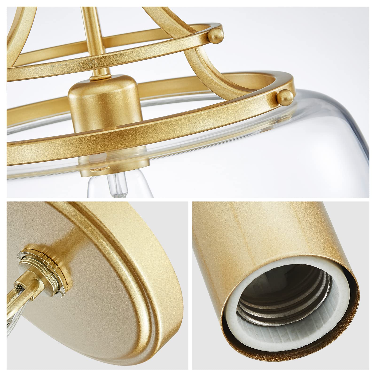 Wuzups Gold Rustic Farmhouse Chandelier, Round Pendant Light With Clear Glass Shades, 17&quot; H X 13.4&quot;